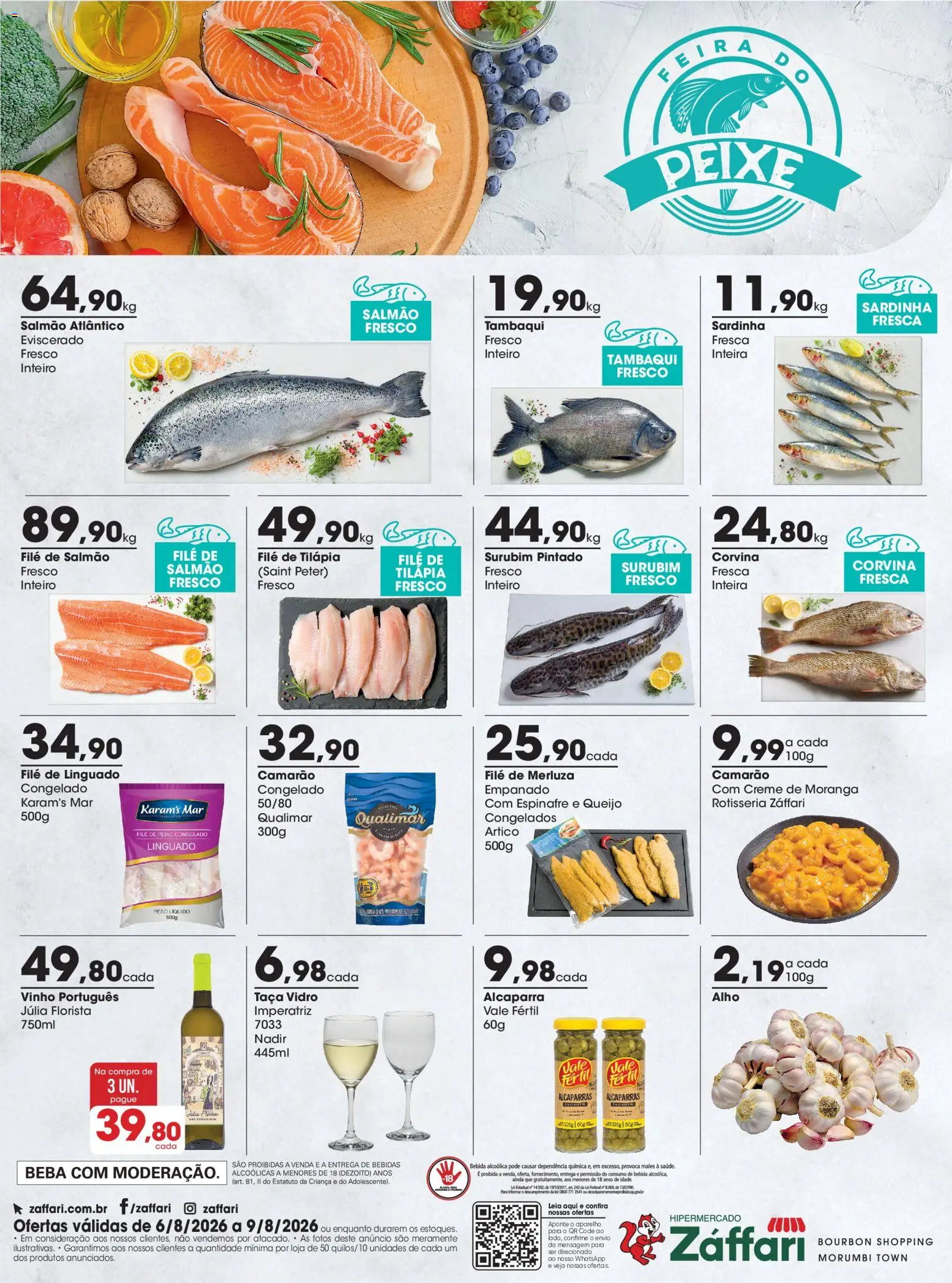 Pré-Visualização do folheto "Zaffari ofertas Peixaria" da loja Zaffari válido a partir de 06/08/2026 - Vinho, Moranga, Camarão, Salmão, Sardinha, Filé de tilápia, Tilápia, Filé de salmão