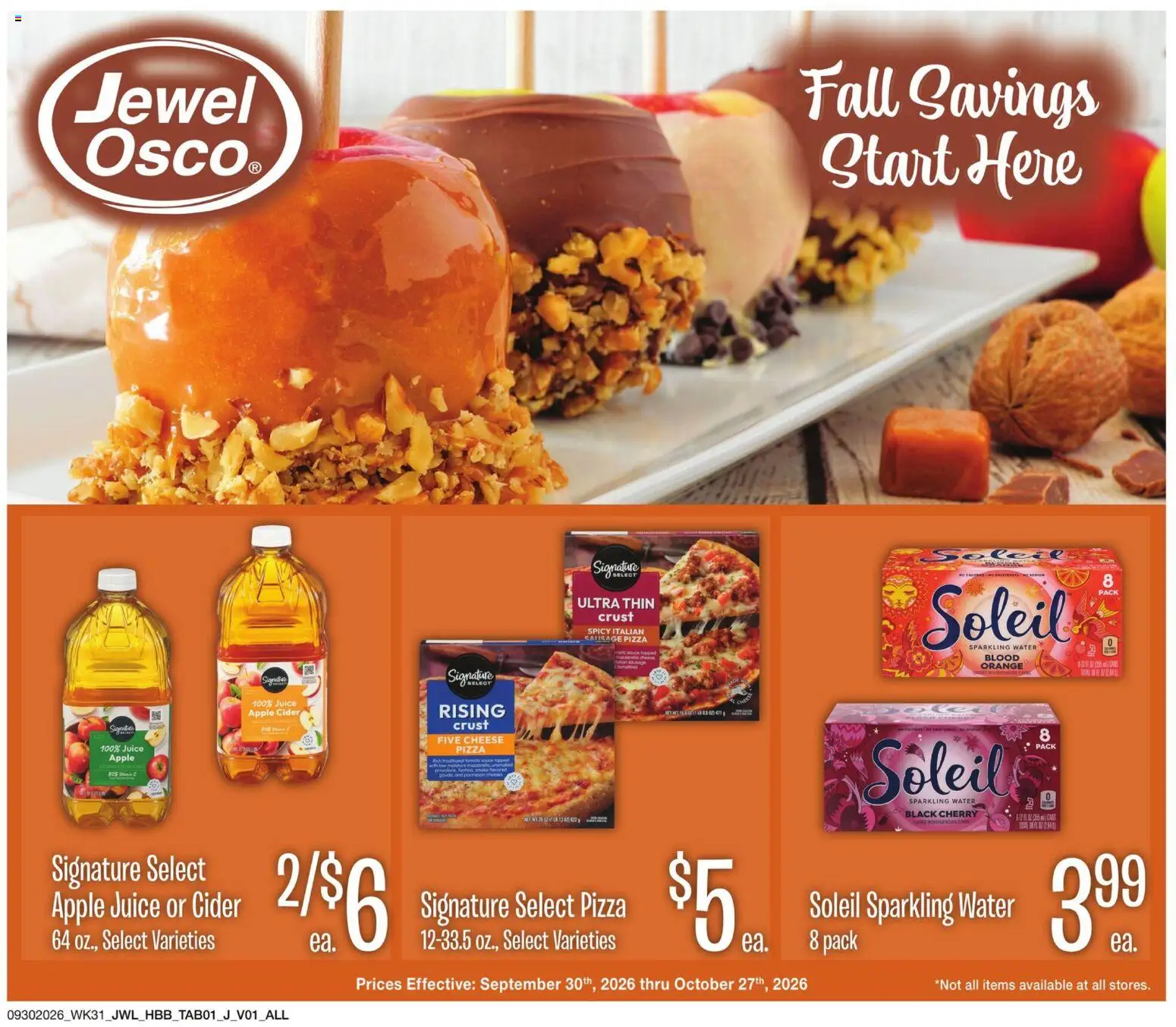 Ad Preview of Jewel Osco Jewel Osco Specialty Publication from 09/30/2026 - Pizza, Water, Cider, Cheese, Juice, Apple juice