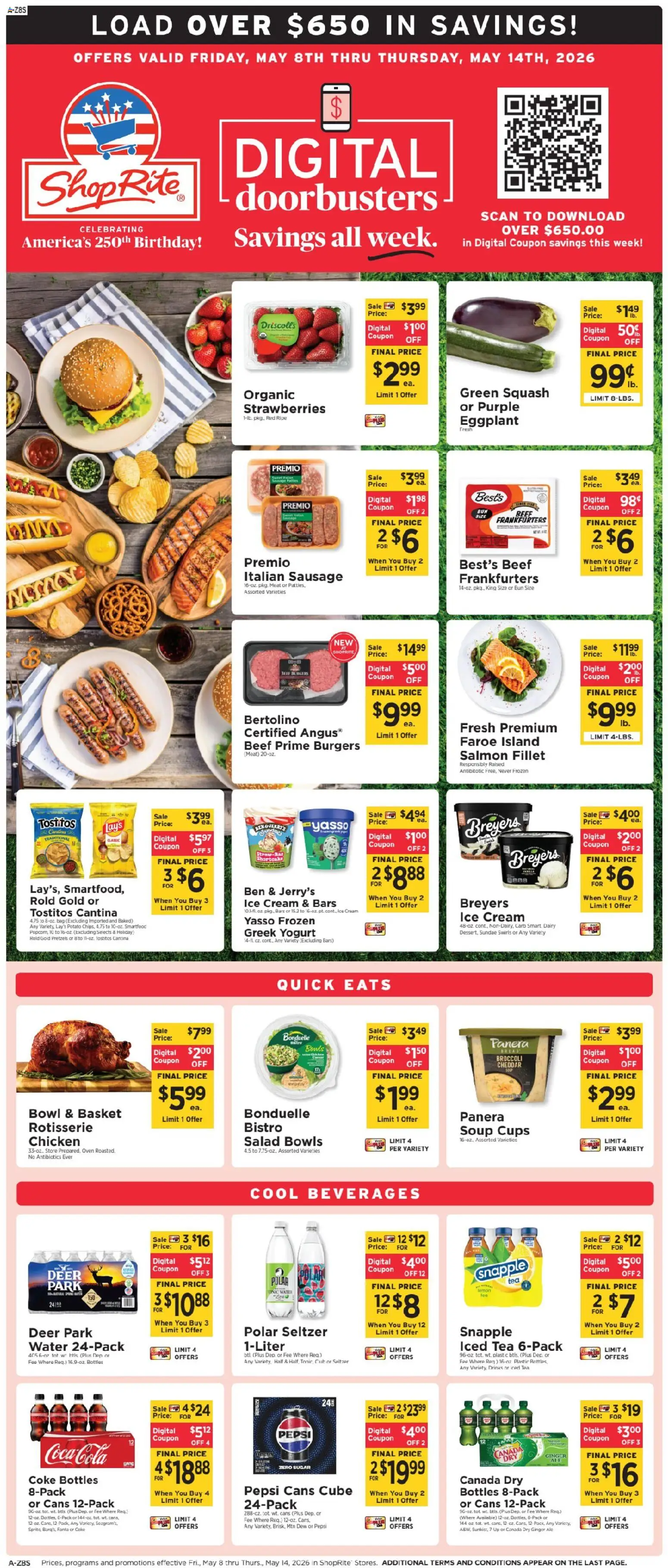 Ad Preview of ShopRite ShopRite Weekly Ad from 05/08/2026 - Salad, Strawberries, Pepsi, Squash, Sugar, Beef, Bag, Cream