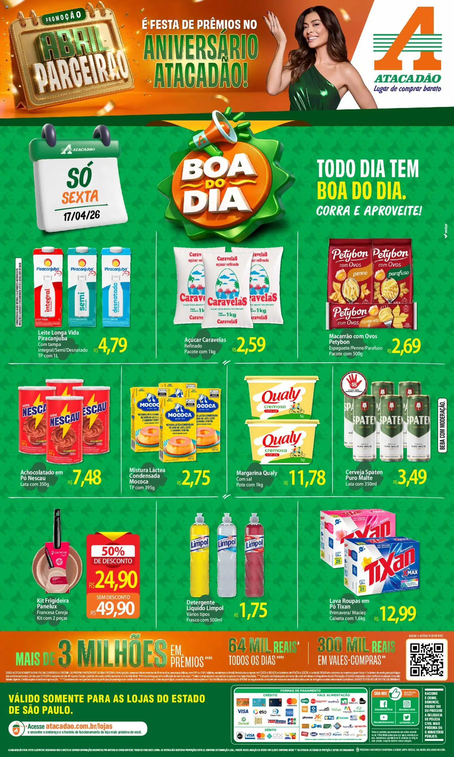 Pré-Visualização do folheto "Atacadão ofertas - SP" da loja Atacadão válido a partir de 17/04/2026 - Cerveja, Macarrão, Sal, Leite, Cereja, Nescau, Frigideira, Espaguete