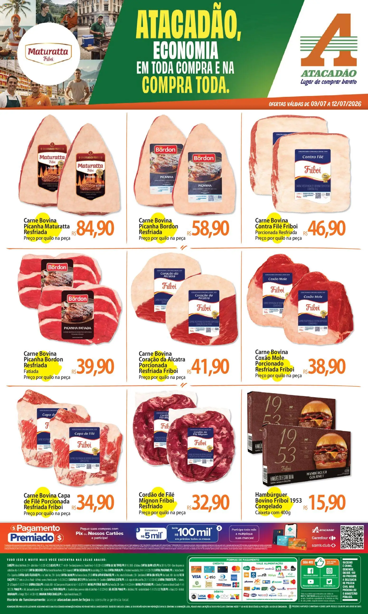 Pré-Visualização do folheto "Atacadão ofertas - PR" da loja Atacadão válido a partir de 09/07/2026 - Hambúrguer, Carne, Chá, Pó, Alcatra, Filé mignon, Carne bovina, Contra filé