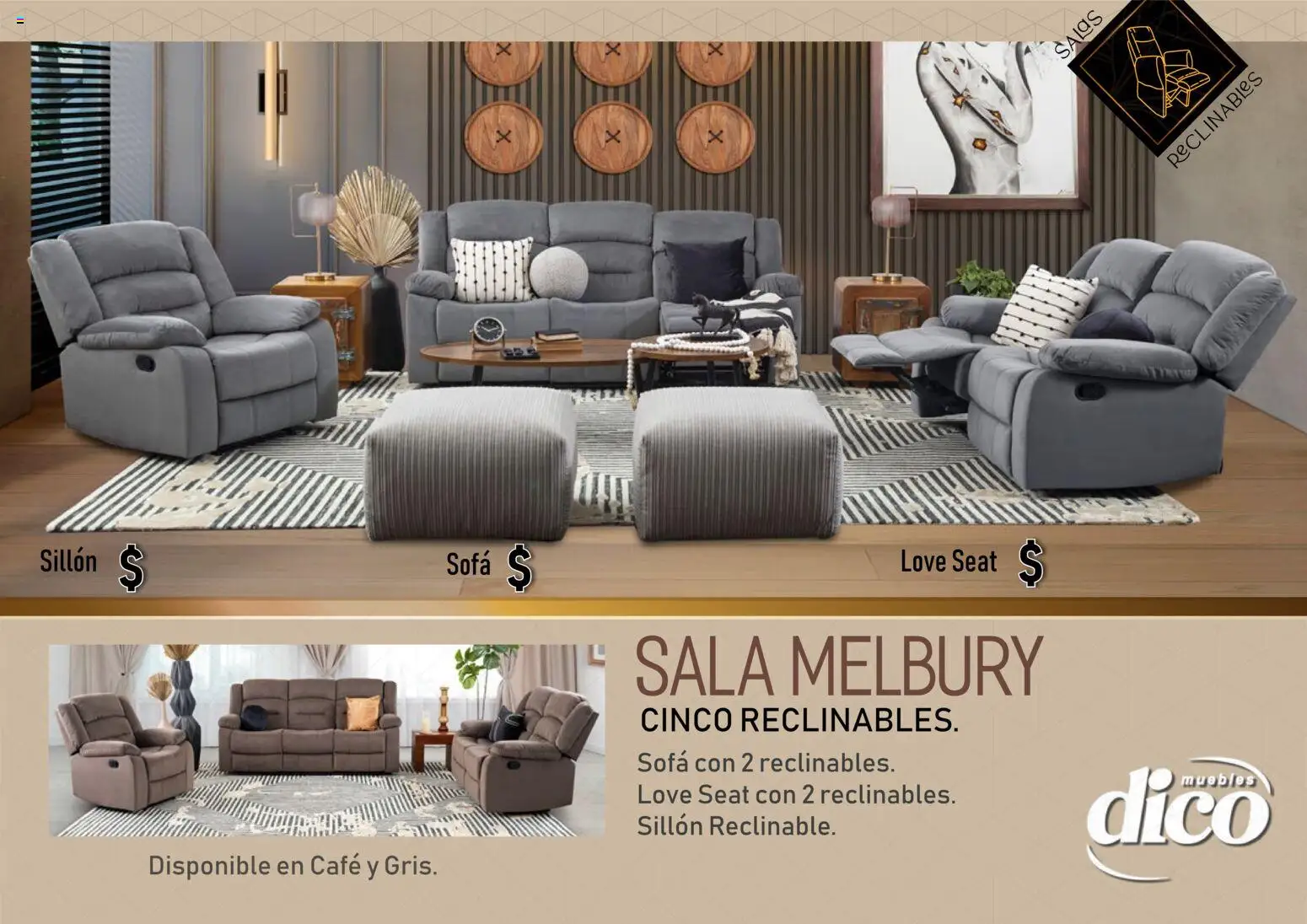 Vista previa las ofertas de la tienda Muebles Dico - Catálogo Salas reclinables desde el 01/01/2026 - Sala, Cargador, Sofá