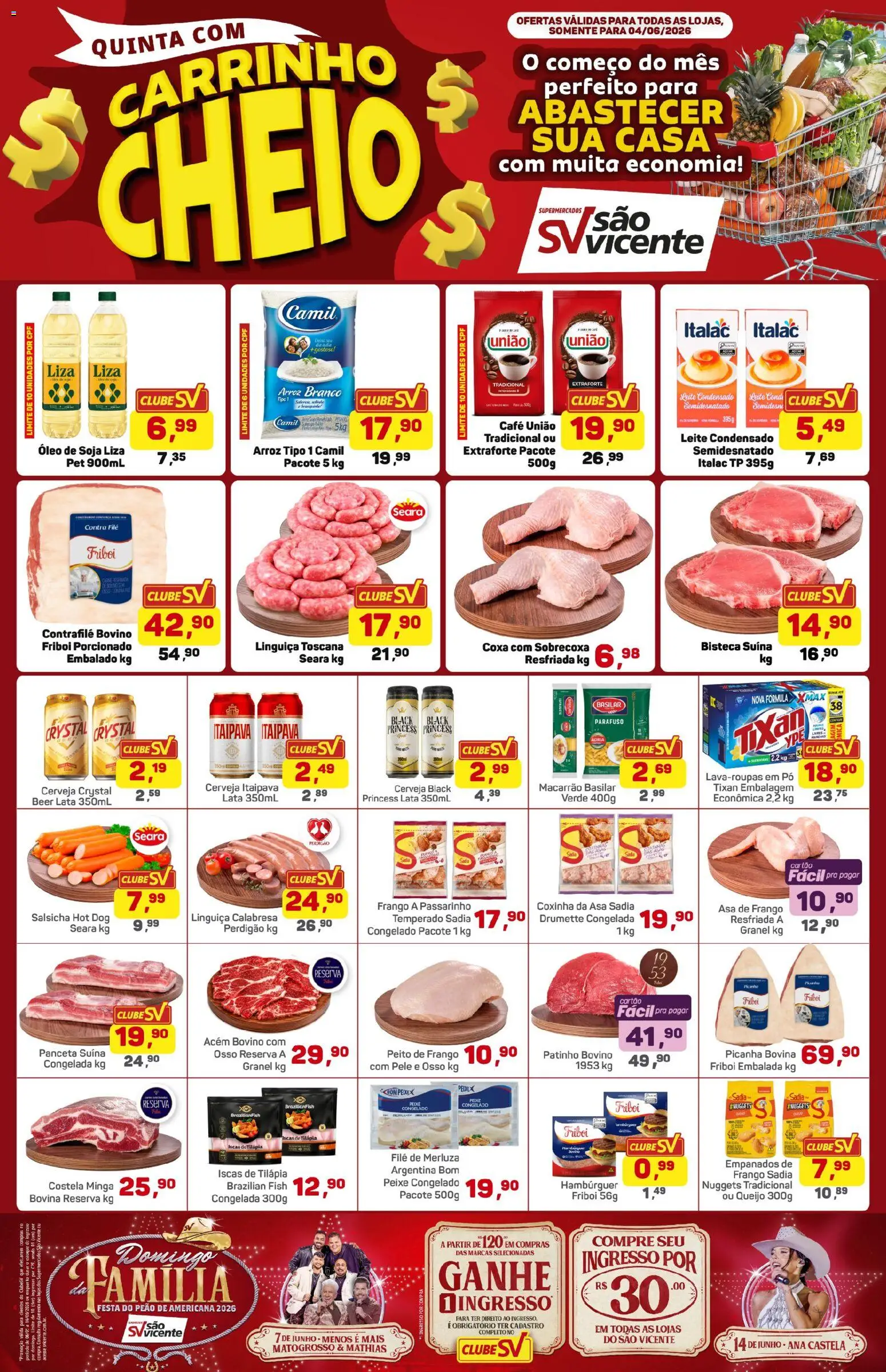 Pré-Visualização do folheto "Supermercados São Vicente - Ofertas da semana" da loja Supermercados São Vicente válido a partir de 04/06/2026 - Hambúrguer, Peixe, Arroz, Pó, Tilápia, Contra filé, Asa de frango, Acém