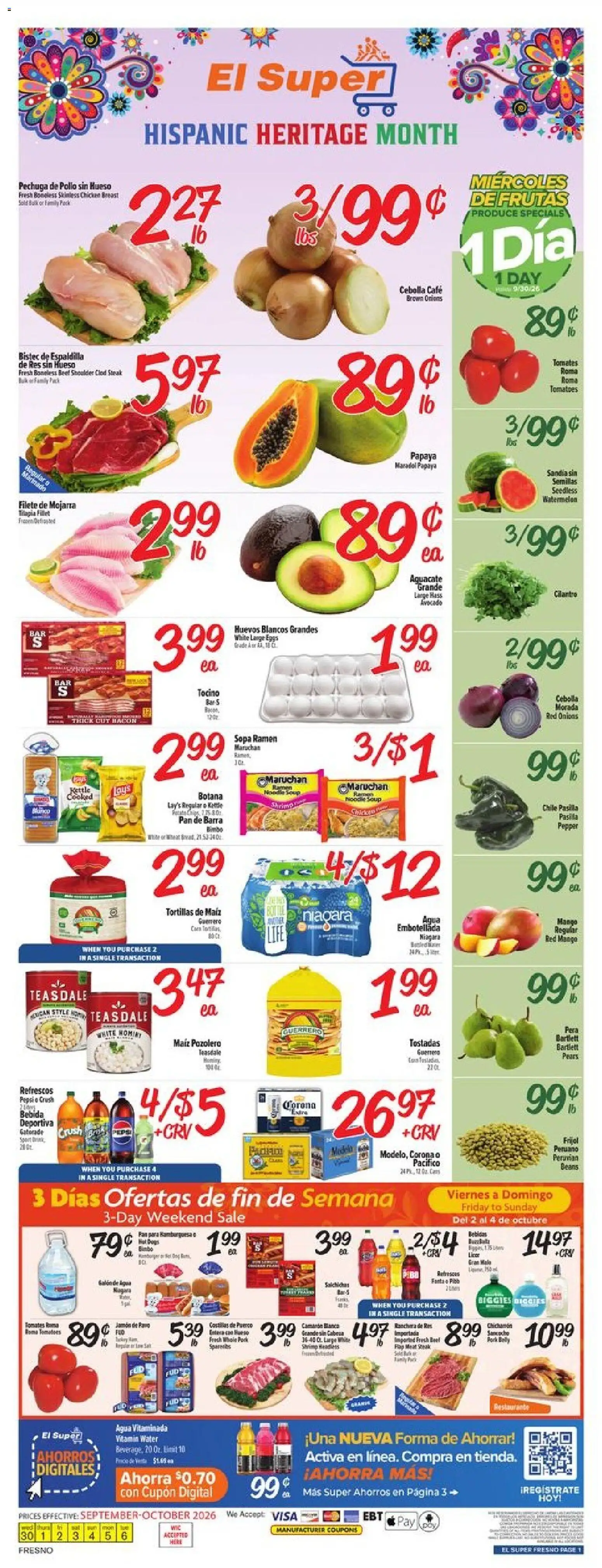 Ad Preview of El Super El Super Weekly Ad from 09/30/2026 - Water, Beet, Watermelon, Pan, Pepsi, Bacon, Fanta, Filet