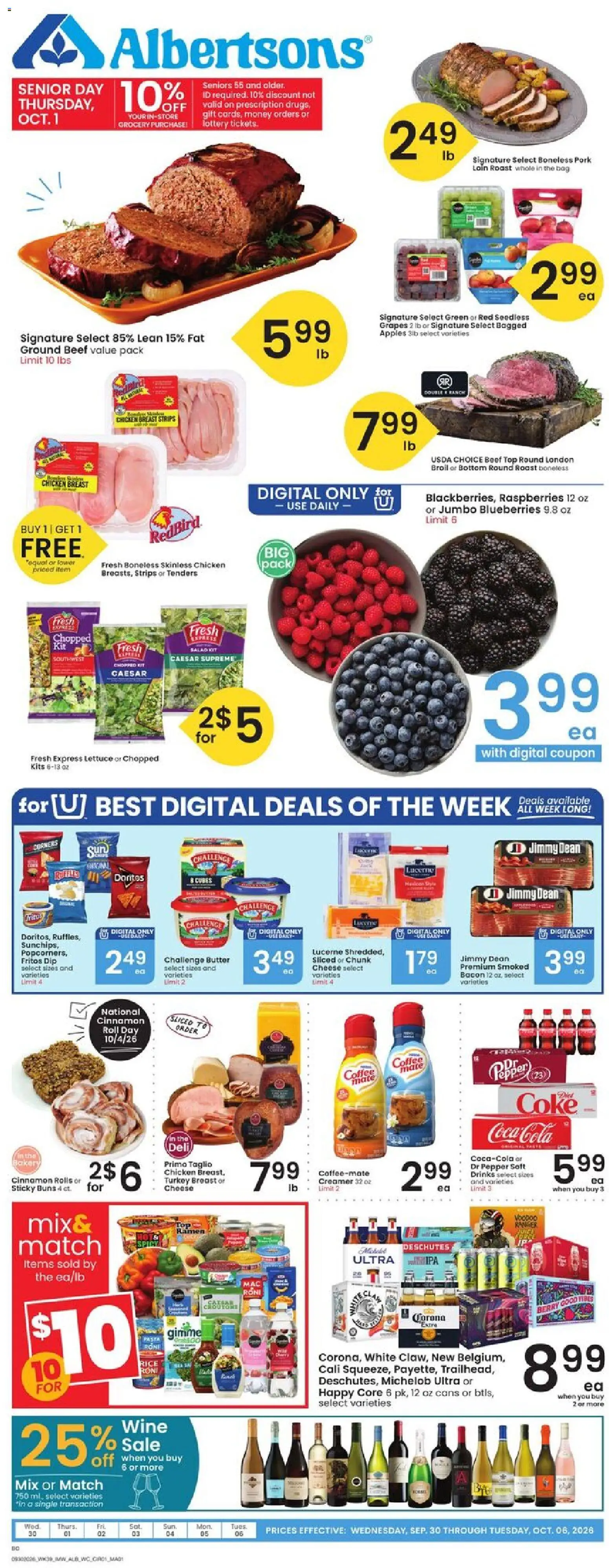 Ad Preview of Albertsons Albertsons Weekly Ad from 09/30/2026 - Coffee, Turkey, Blueberries, Butter, Rice, Grapes, Beef, Seedless grapes