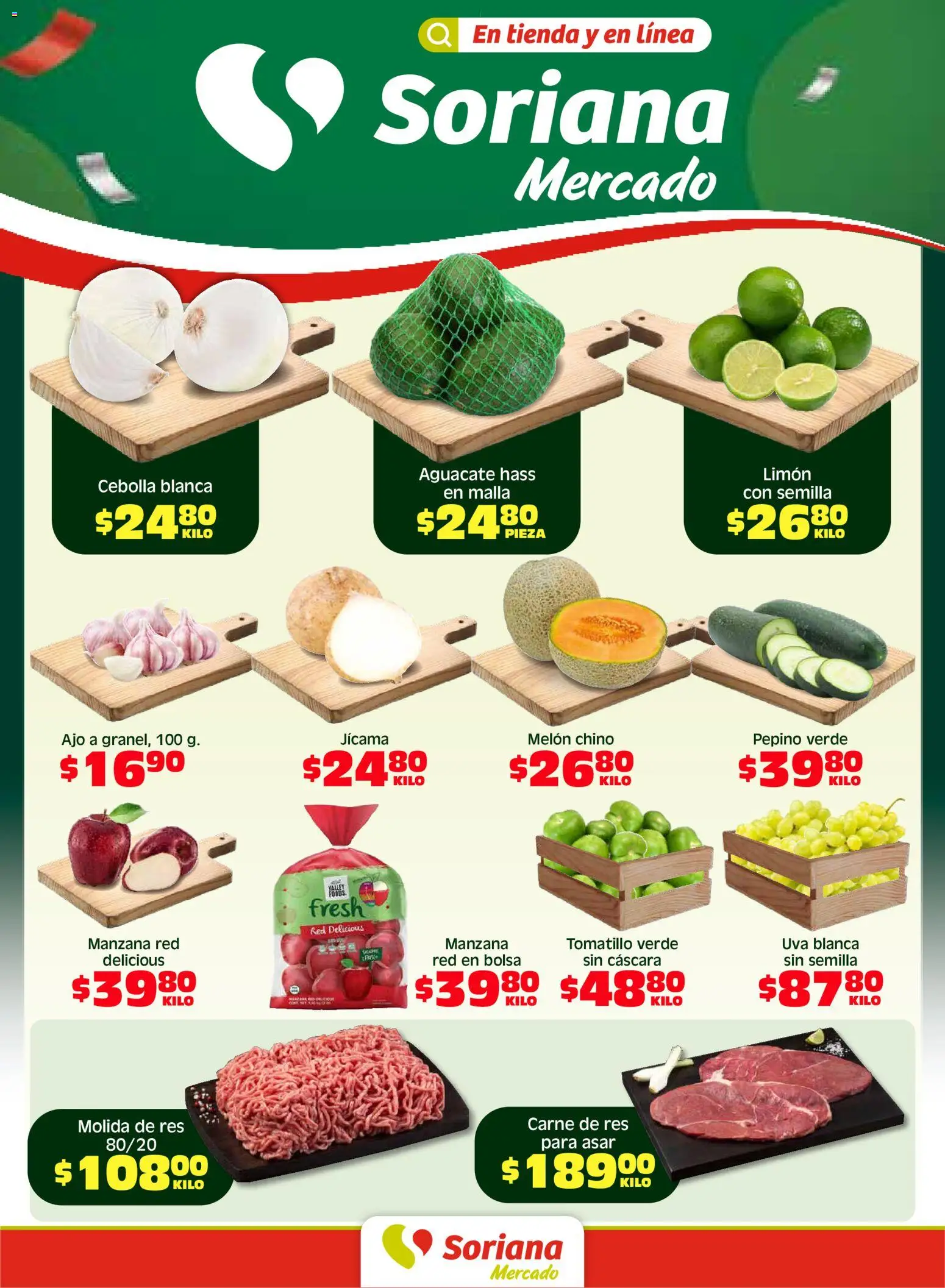 Vista previa las ofertas de la tienda Soriana - Soriana Fin de Semana Mercado: Tamaulipas desde el 08/05/2026 - Aguacate, Uva, Cebolla, Ajo, Res, Carne de res, Melón, Malla