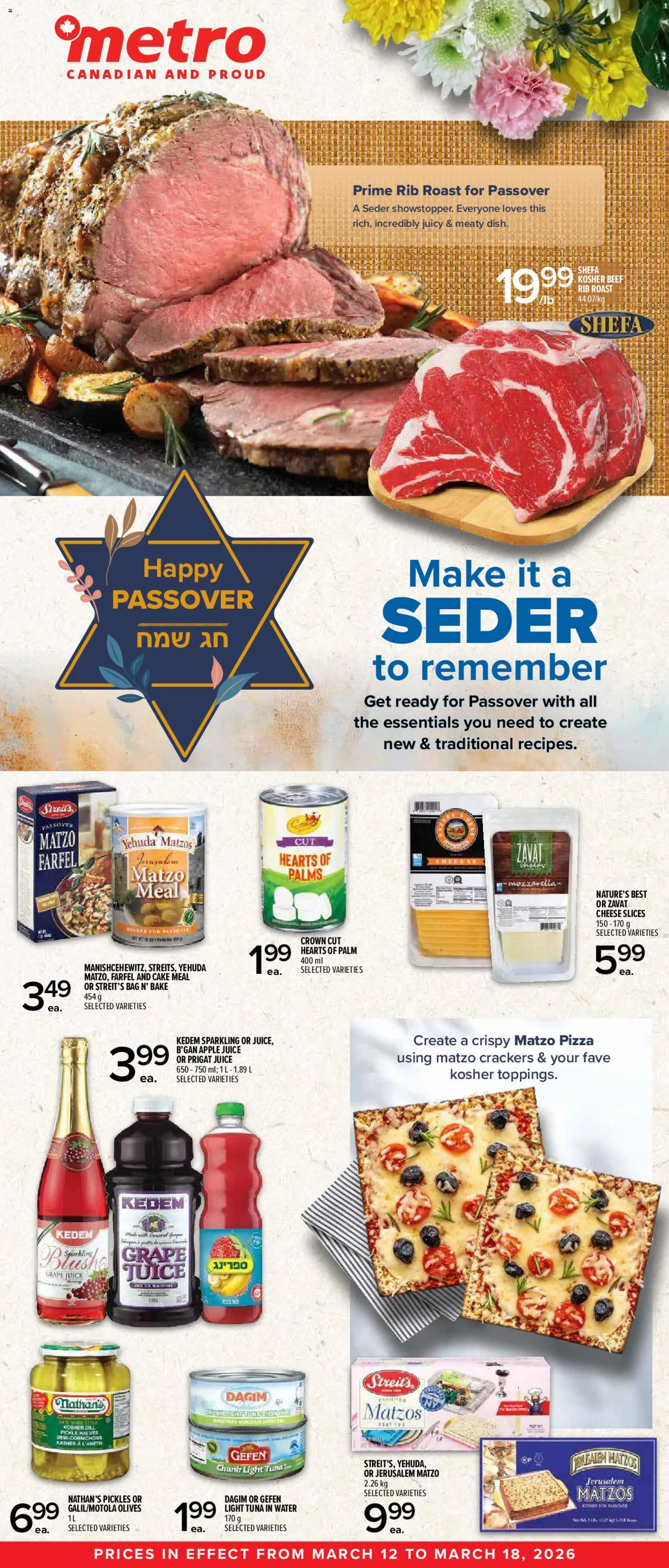 Preview of leaflet Metro Passover Digital Flyer - Alma from shop Metro is valid from Mar 12, 2026 - Pizza, Cake, Juice, Bag, Pickles, Olives, Crackers, Roast