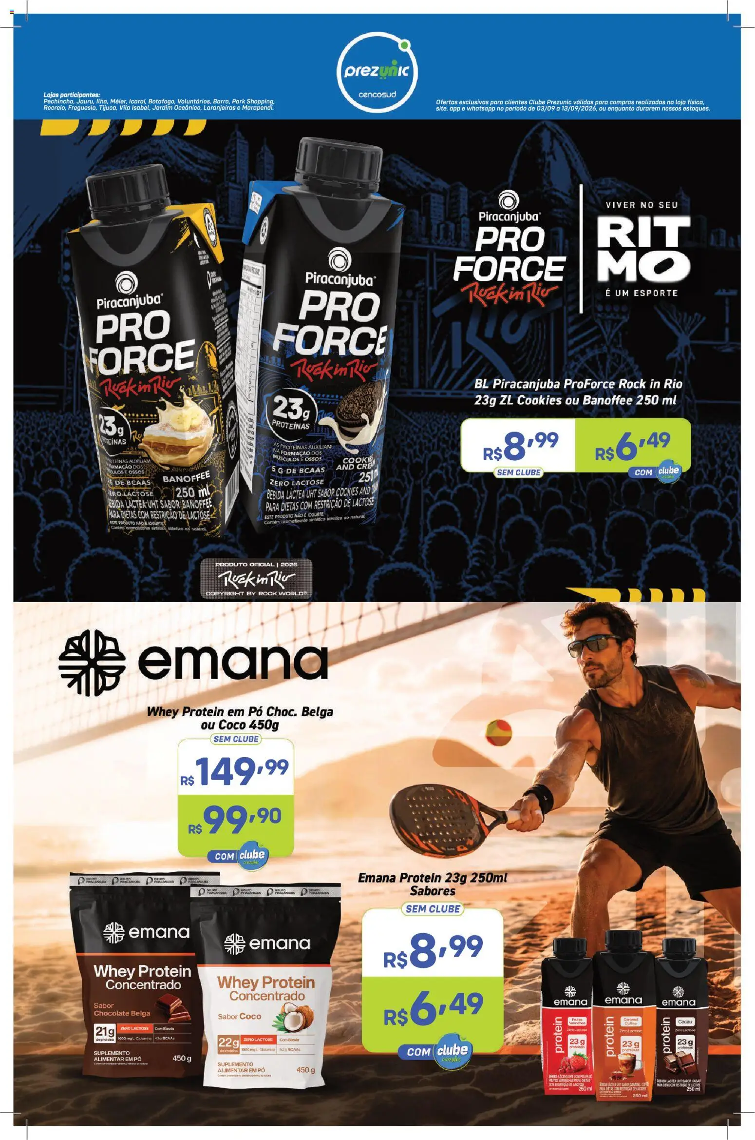 Pré-Visualização do folheto "Prezunic ofertas Exclusivas" da loja Prezunic válido a partir de 03/09/2026 - Whey protein, Coco, Chocolate, Frutas, Cookies, Iogurte, Bebida, Stevia