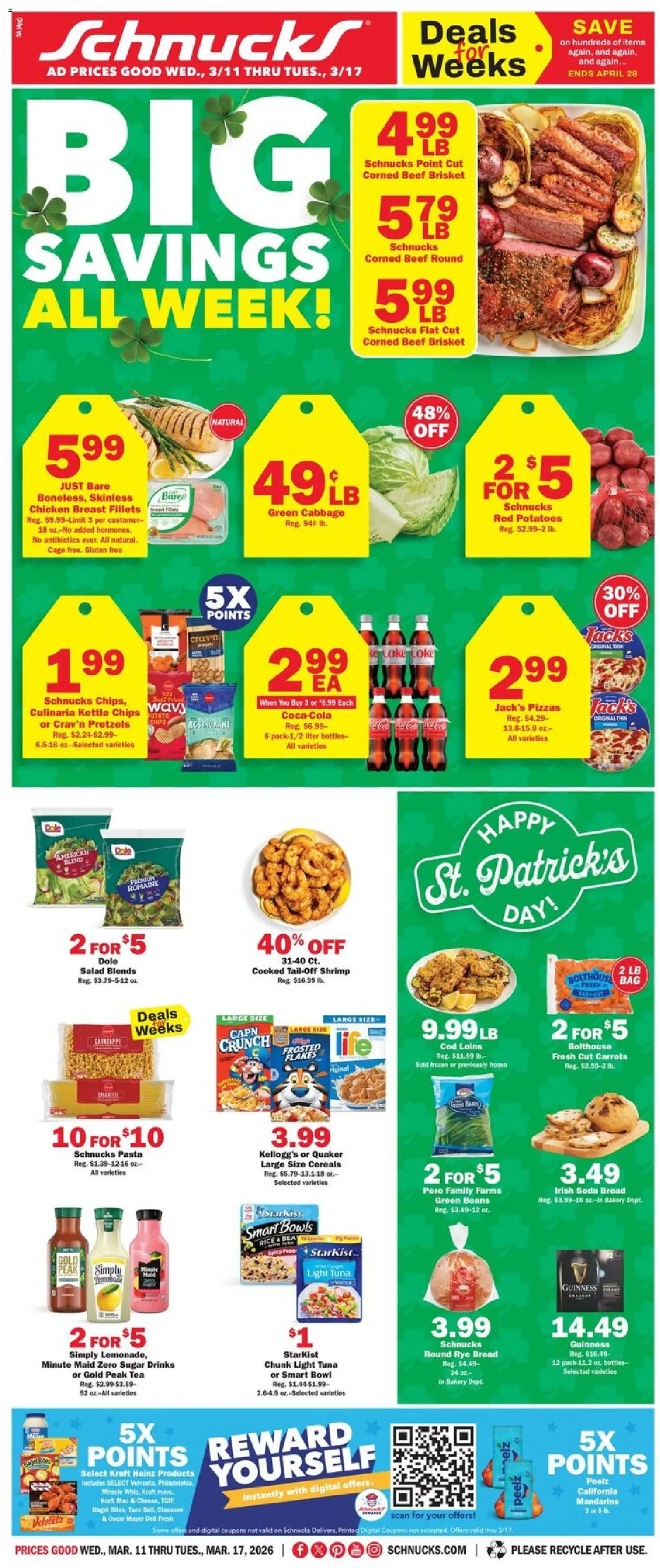 Ad Preview of Schnucks Schnucks Weekly Print Ad - IL from 03/11/2026 - Pasta, Chips, Bread, Sugar, Tuna, Kettle, Romaine, Chicken breast fillets