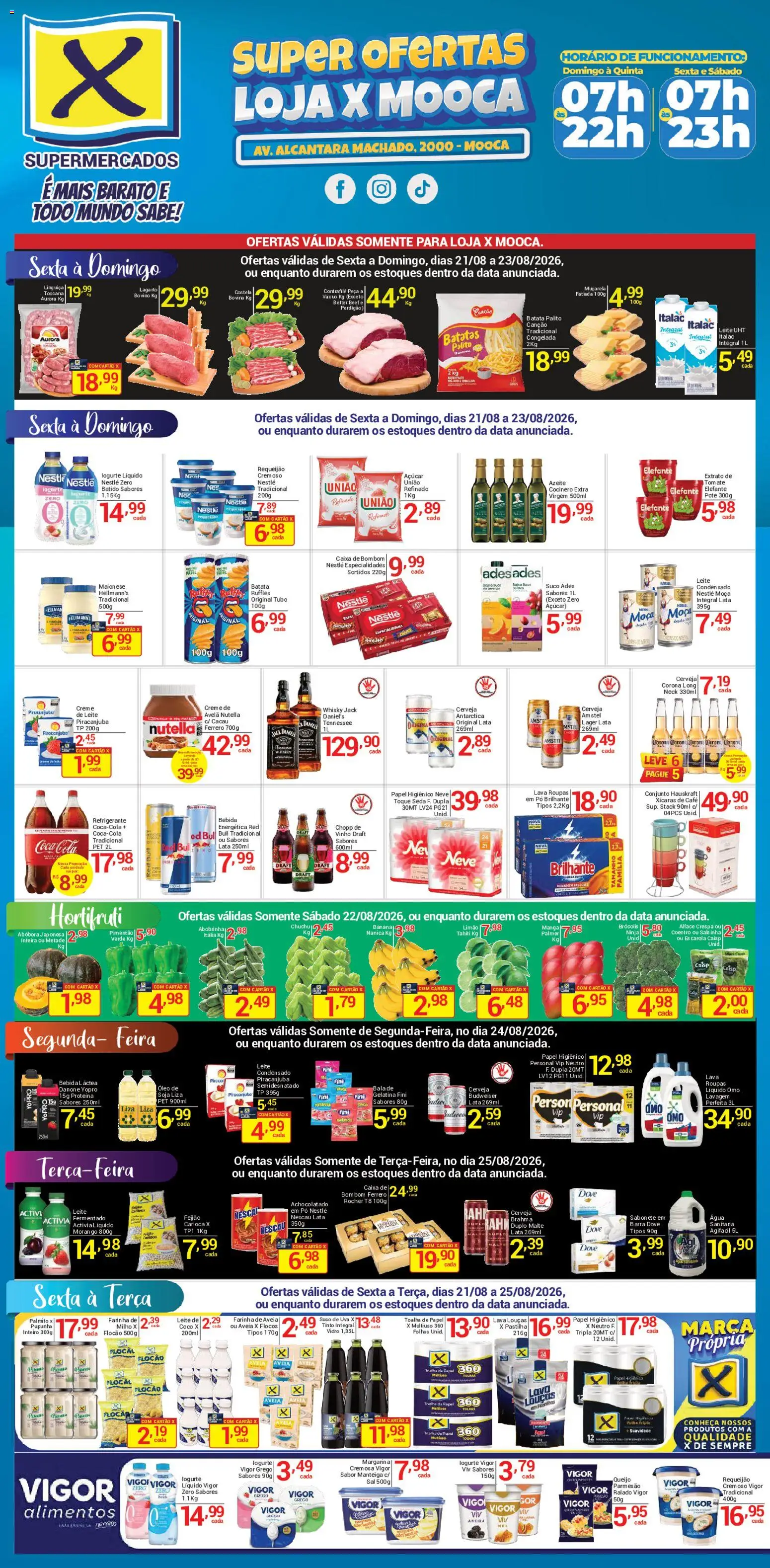Pré-Visualização do folheto "X Supermercados ofertas Mooca" da loja X Supermercados válido a partir de 21/08/2026 - Caixa, Café, Batatas, Abobrinha, Milho, Nescau, Achocolatado, Flocos