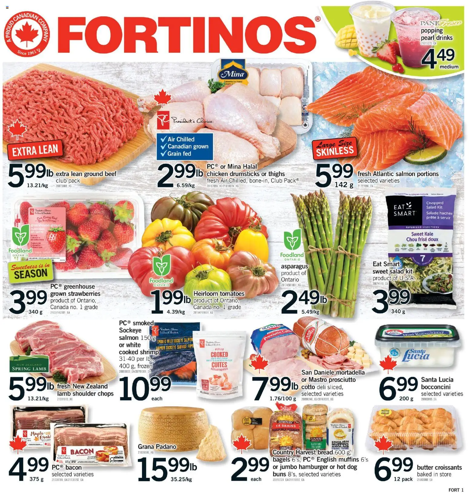 Preview of leaflet Fortinos weekly flyer - Burlington from shop Fortinos is valid from May 28, 2026 - Chicken, Salad, Asparagus, Butter, Grana Padano, Mortadella, Ground beef, English bacon