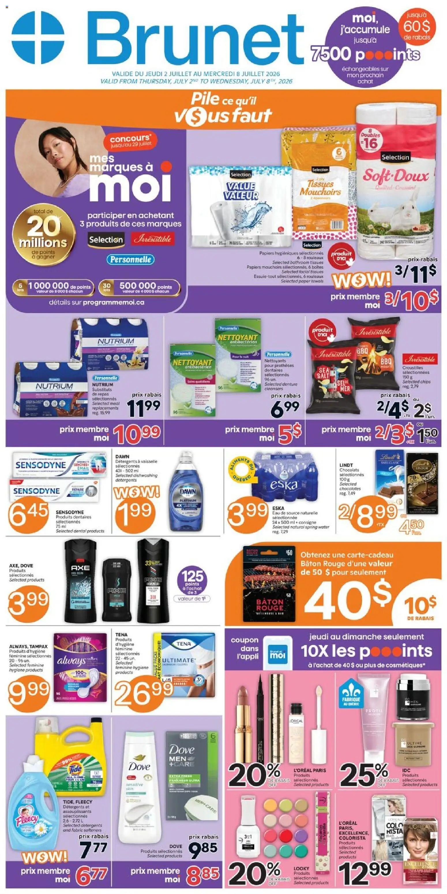 Preview of leaflet Brunet weekly flyer / circulaire from shop Brunet is valid from Jul 02, 2026 - Water, Lindt, Chips, Spring water, Paper towels, Towels, Tissues