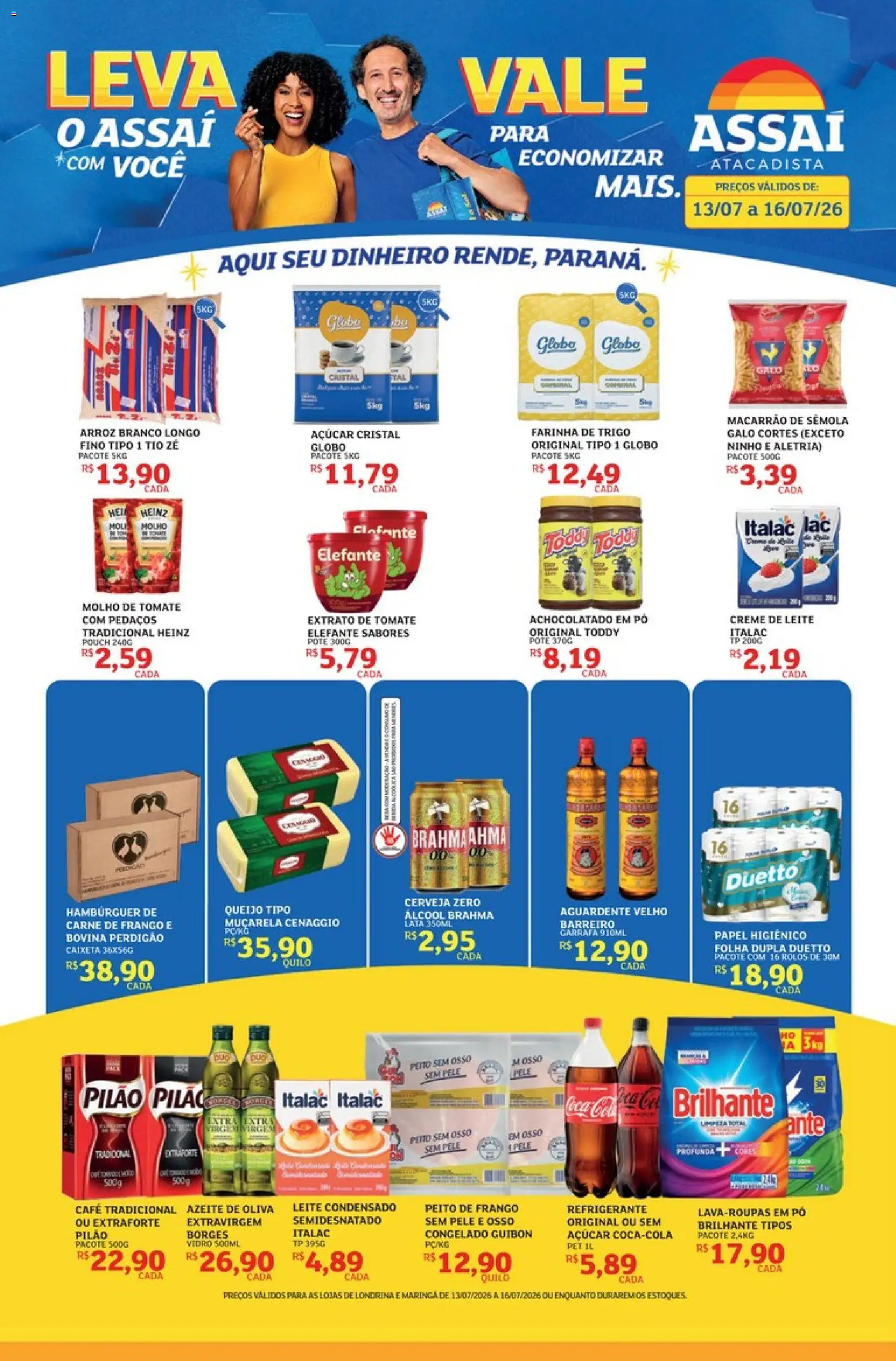 Pré-Visualização do folheto "Assaí Atacadista ofertas - PR" da loja Assaí Atacadista válido a partir de 13/07/2026 - Macarrão, Arroz, Álcool, Queijo, Peito de frango, Achocolatado, Muçarela, Açúcar cristal