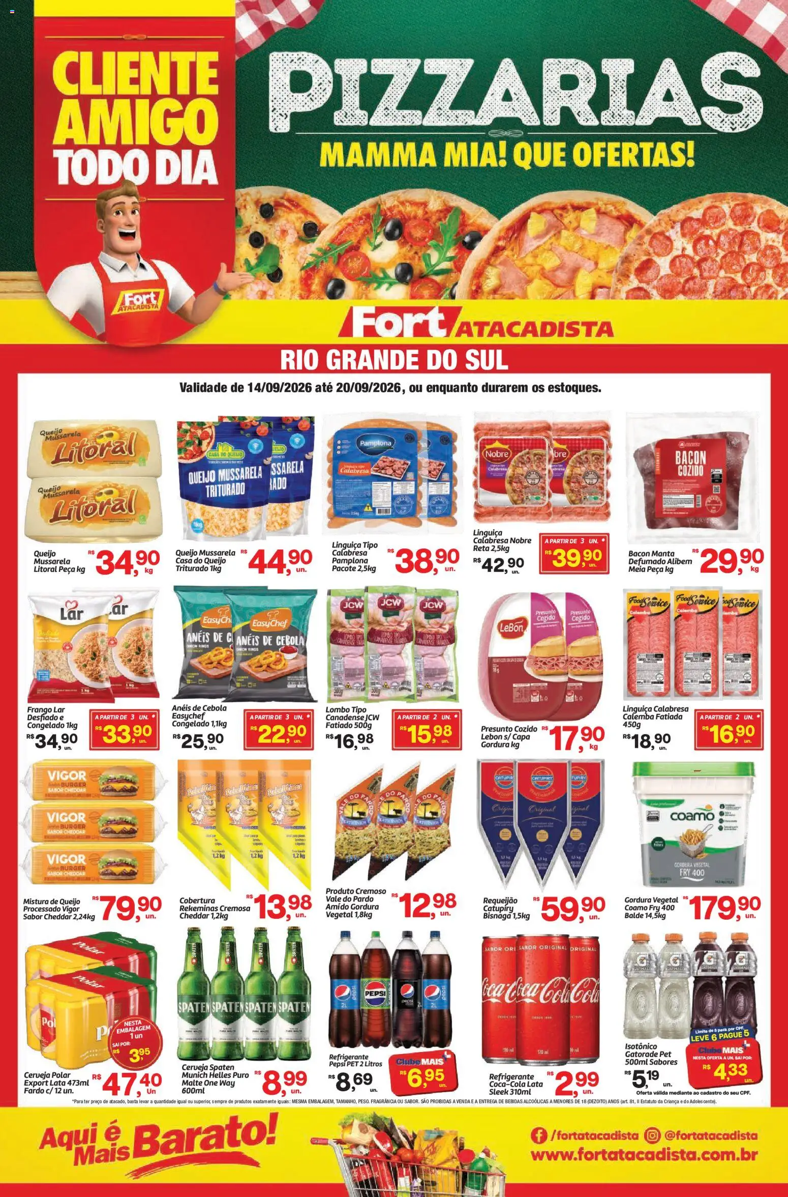 Pré-Visualização do folheto "Fort Atacadista ofertas Pizzarias" da loja Fort Atacadista válido a partir de 14/09/2026 - Cerveja, Gatorade, Queijo, Frango, Cheddar, Cola, Linguiça, Balde