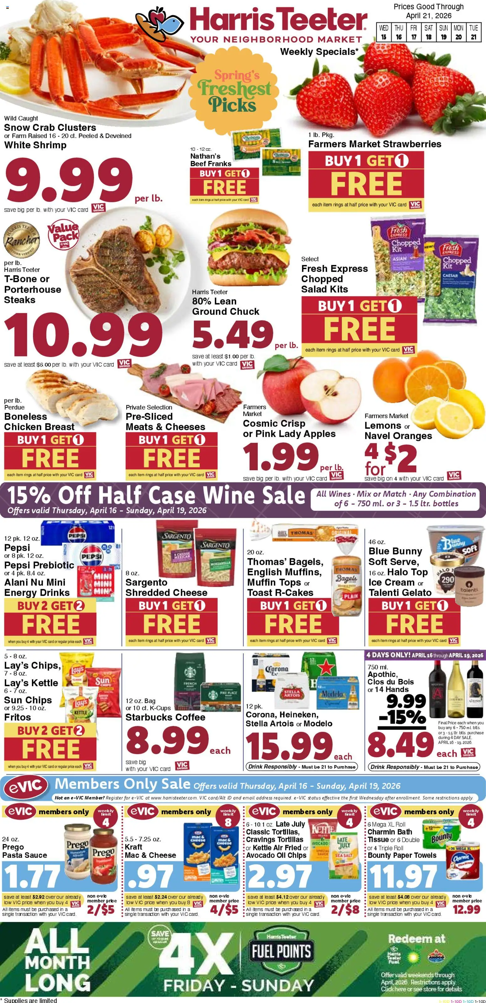 Ad Preview of Harris Teeter Harris Teeter Weekly Ad - SC from 04/15/2026 - Apples, Ice, Oranges, Chips, Cheese, Shrimp, Bag, Cream