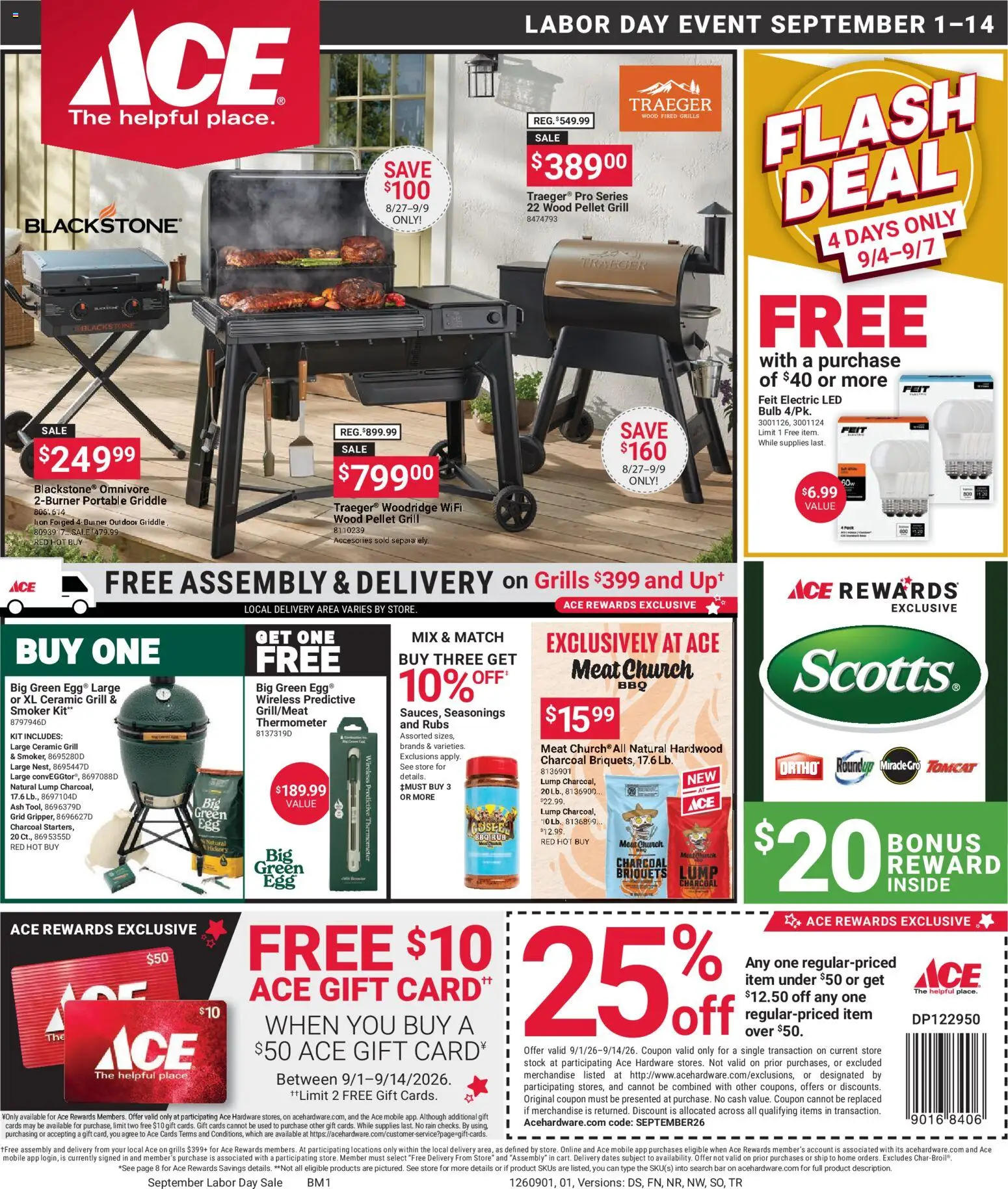 Ad Preview of ACE Hardware ACE Hardware Weekly Ad from 09/01/2026 - Grill, Meat, Thermometer, Charcoal, Griddle, Seasonings