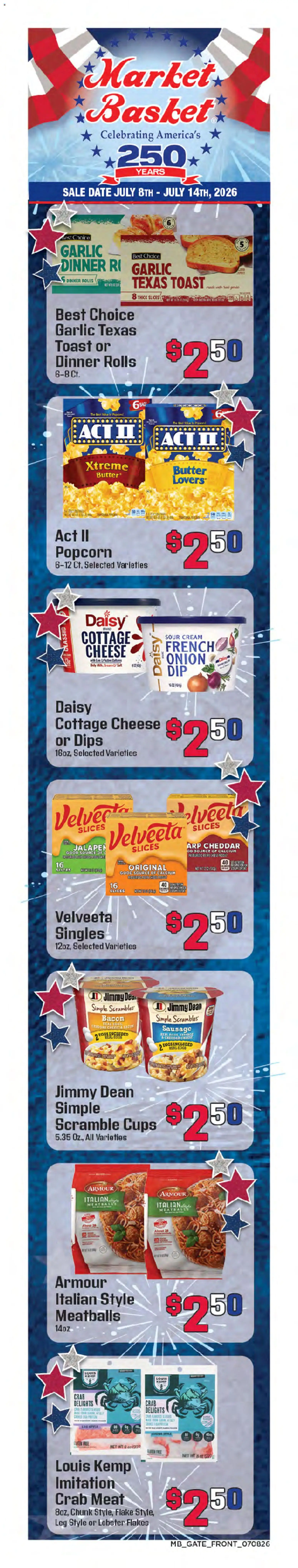Ad Preview of Market Basket Market Basket Weekly Ad from 07/08/2026 - Eggs, Cheese, Bacon, Salt, Sausage, Onion, Bag, Cheddar cheese
