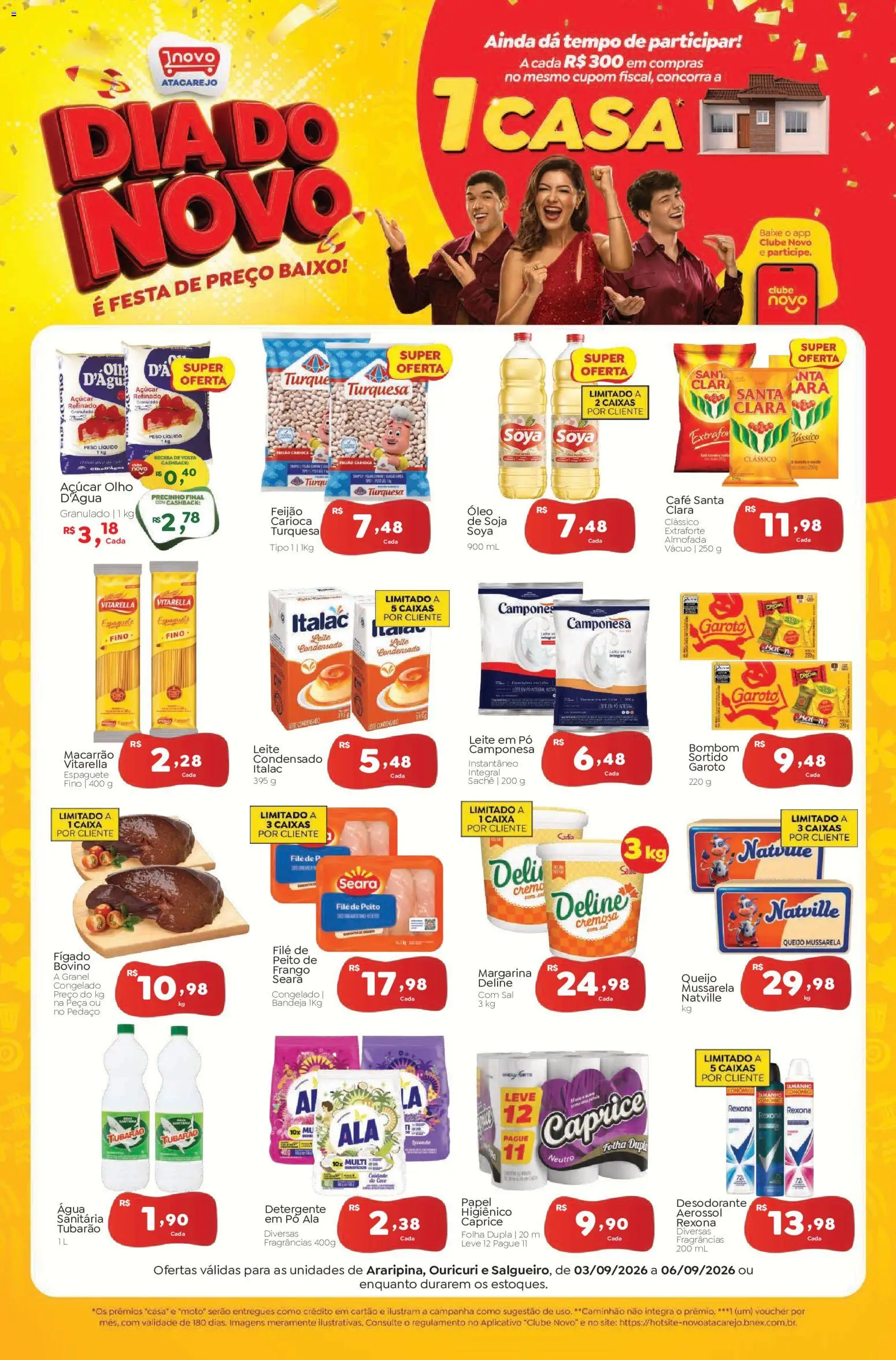 Pré-Visualização do folheto "Novo Atacarejo - Ofertas da semana" da loja Novo Atacarejo válido a partir de 03/09/2026 - Água, Desodorante, Óleo, Frango, Mussarela, Açúcar, Bombom, Bandeja