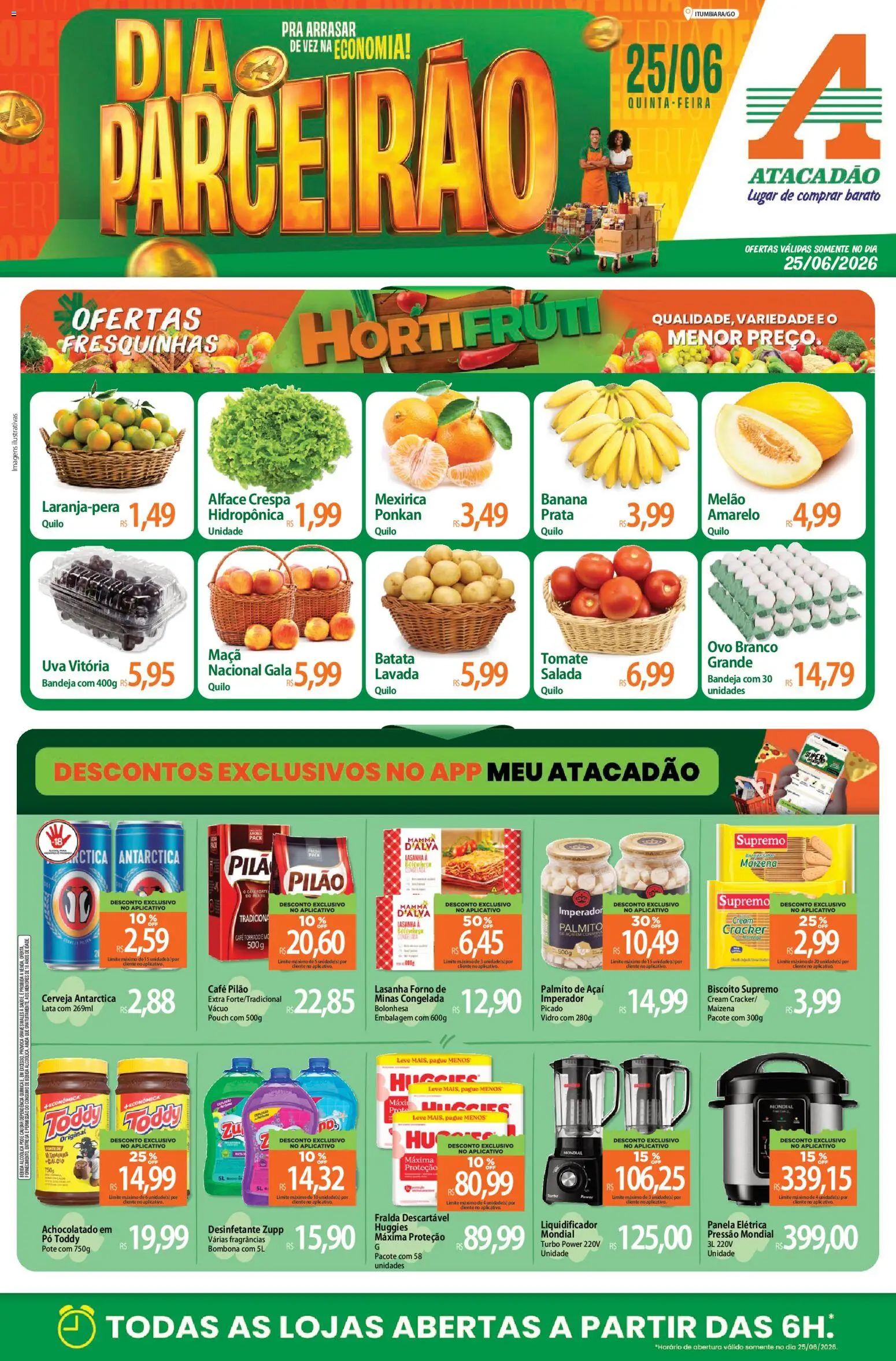 Pré-Visualização do folheto "Atacadão ofertas - GO" da loja Atacadão válido a partir de 25/06/2026 - Liquidificador, Cerveja, Sal, Bebida, Biscoito, Desinfetante, Tomate, Salada