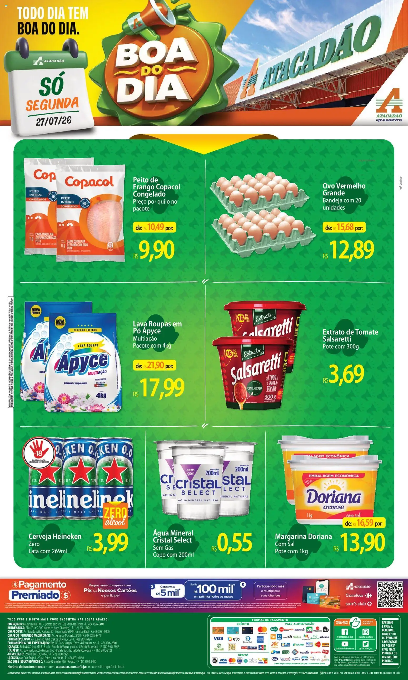 Pré-Visualização do folheto "Atacadão ofertas - SC" da loja Atacadão válido a partir de 27/07/2026 - Heineken, Água, Álcool, Carne, Tomate, Peito de frango, Bandeja, Extrato de tomate