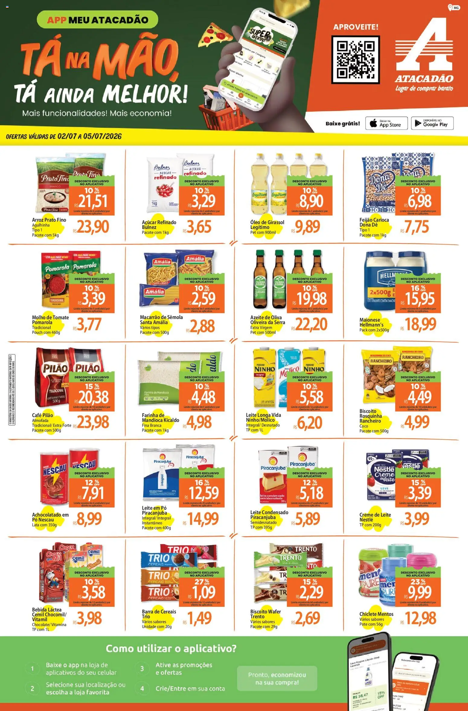 Pré-Visualização do folheto "Atacadão ofertas - MG" da loja Atacadão válido a partir de 02/07/2026 - Celular, Macarrão, Leite condensado, Biscoito, Leite em pó, Pó, Rosquinha, Cereais