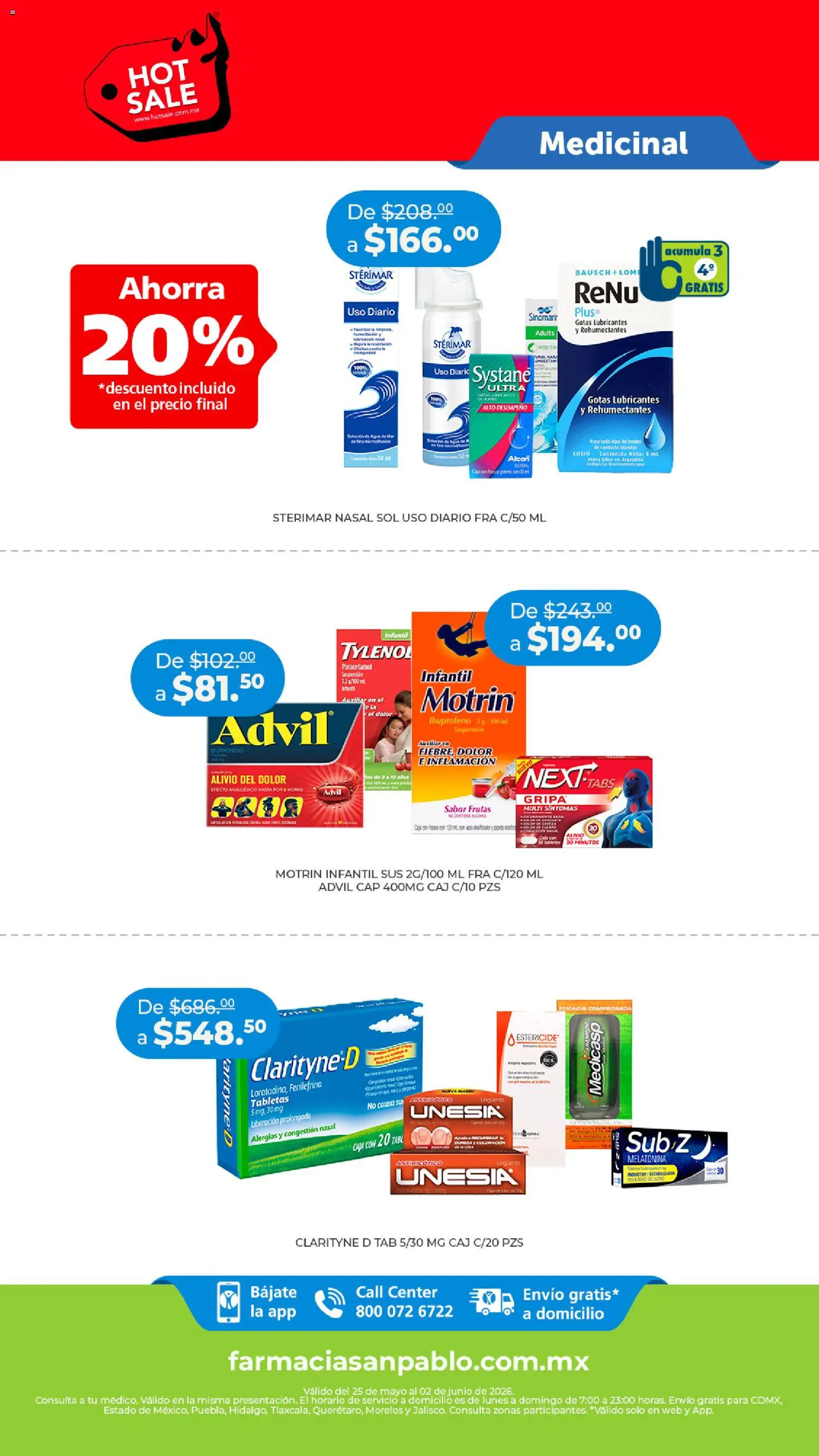 Vista previa las ofertas de la tienda Farmacia San Pablo - Farmacia San Pablo Hot Sale desde el 25/05/2026 - Agua, Shampoo, Caja, Analgésico