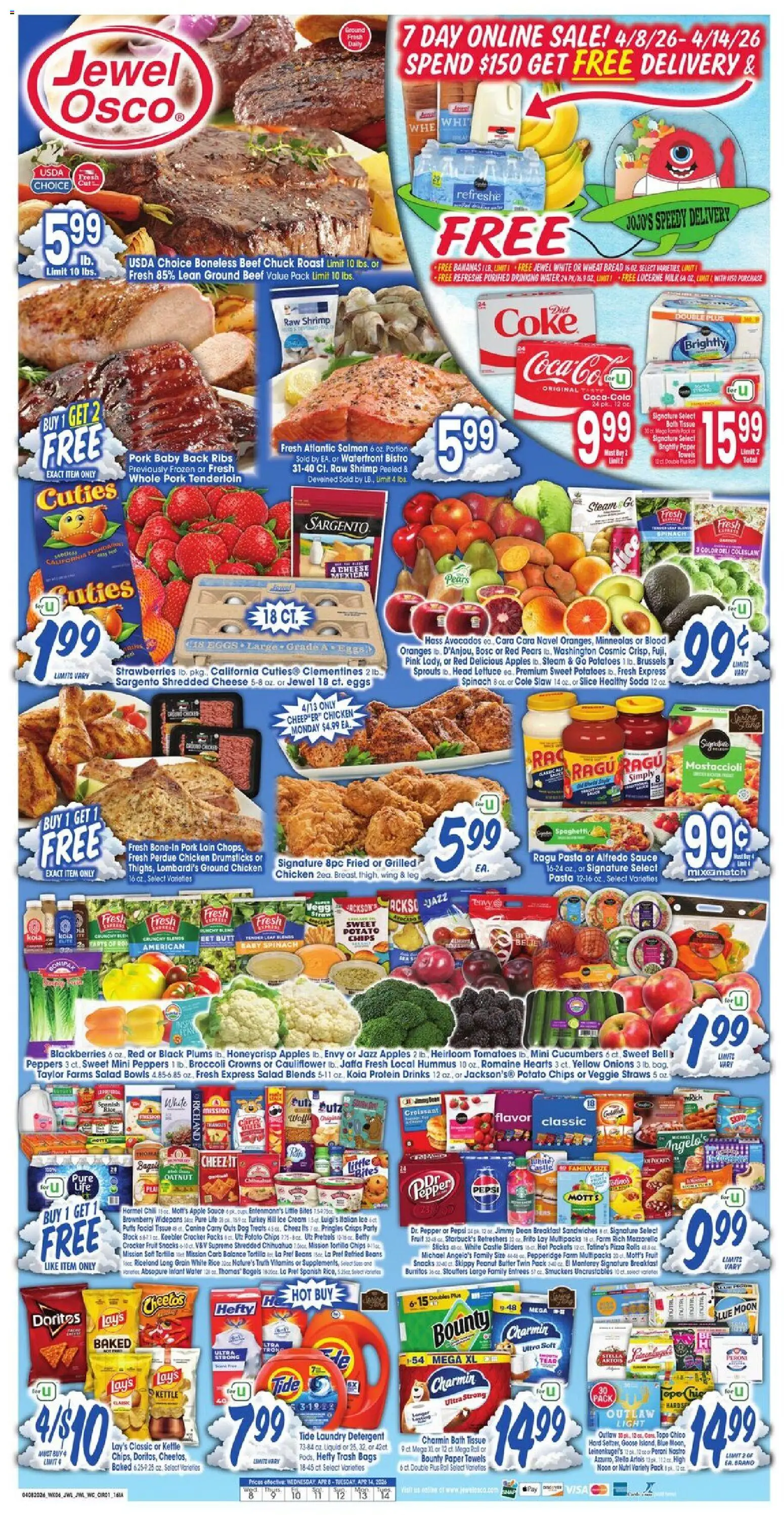 Ad Preview of Jewel Osco Jewel Osco Weekly Ad - IA from 04/08/2026 - Spaghetti, Salmon, Protein, Lettuce, Beef, Peanut butter, Paper towels, Kettle