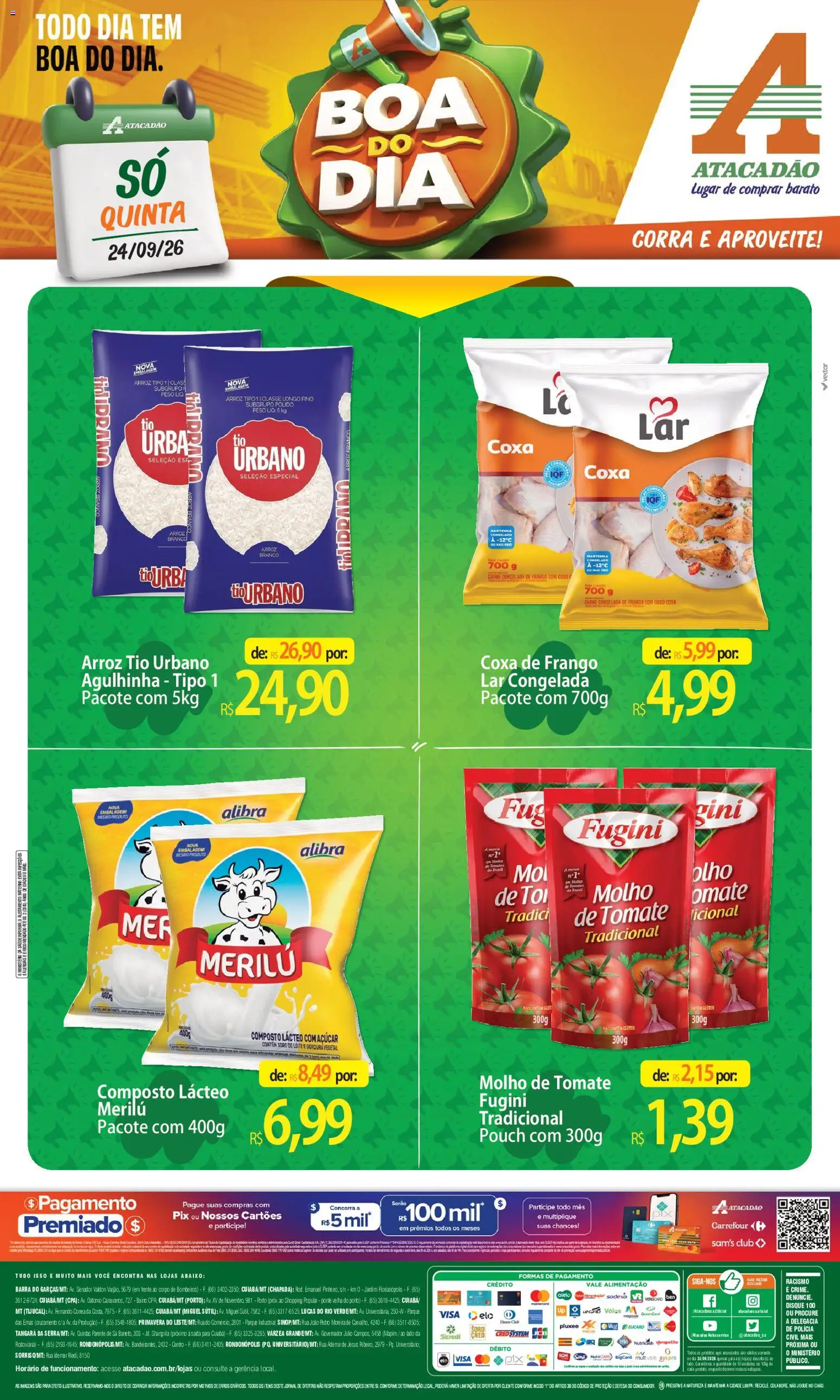 Pré-Visualização do folheto "Atacadão ofertas - MT" da loja Atacadão válido a partir de 24/09/2026 - Arroz, Leite, Carne, Frango, Tomate, Açúcar, Molho de tomate, Coxa de frango
