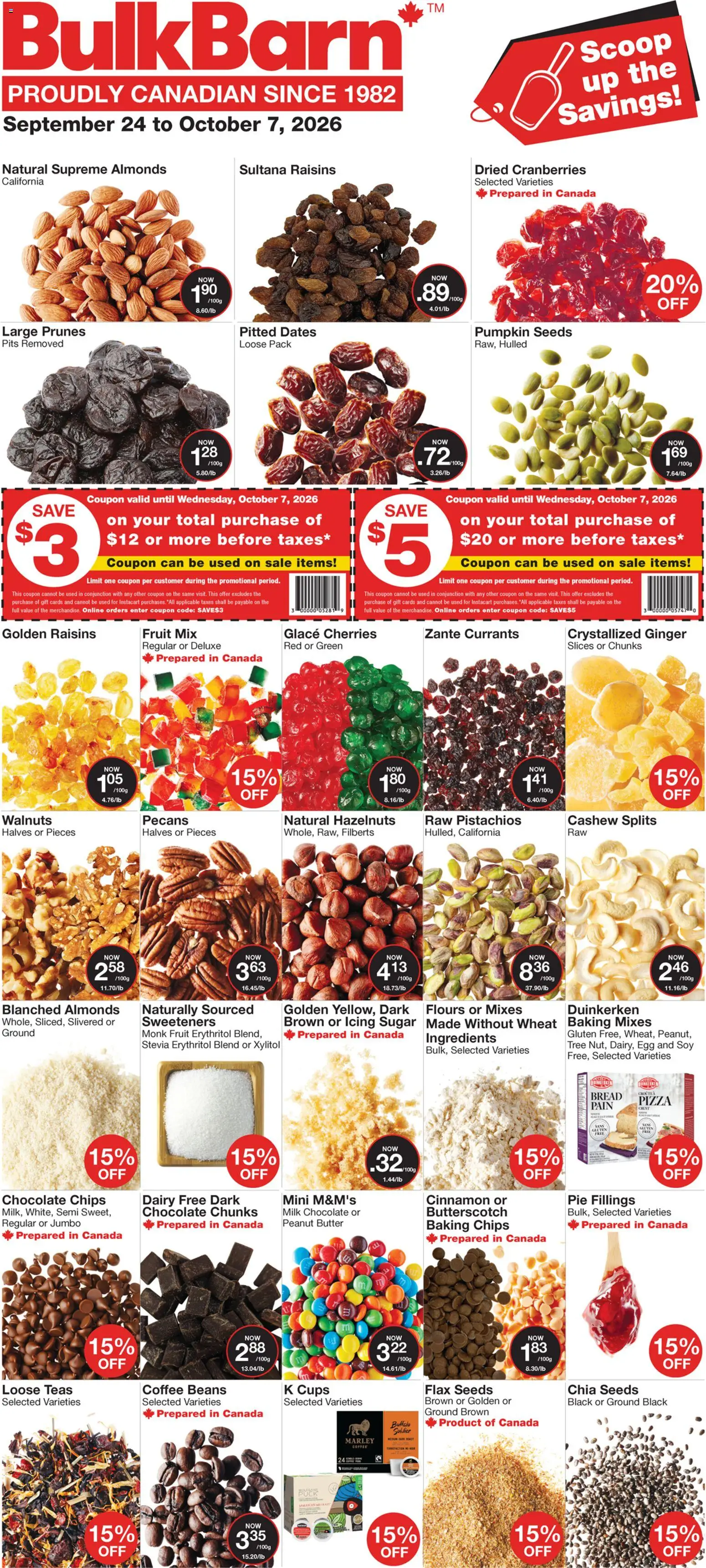 Preview of leaflet Bulk Barn weekly flyer / circulaire from shop Bulk Barn is valid from Sep 24, 2026 - Pizza, Chocolate, Milk, Walnuts, Cranberries, Sugar, Ingredients, Prunes