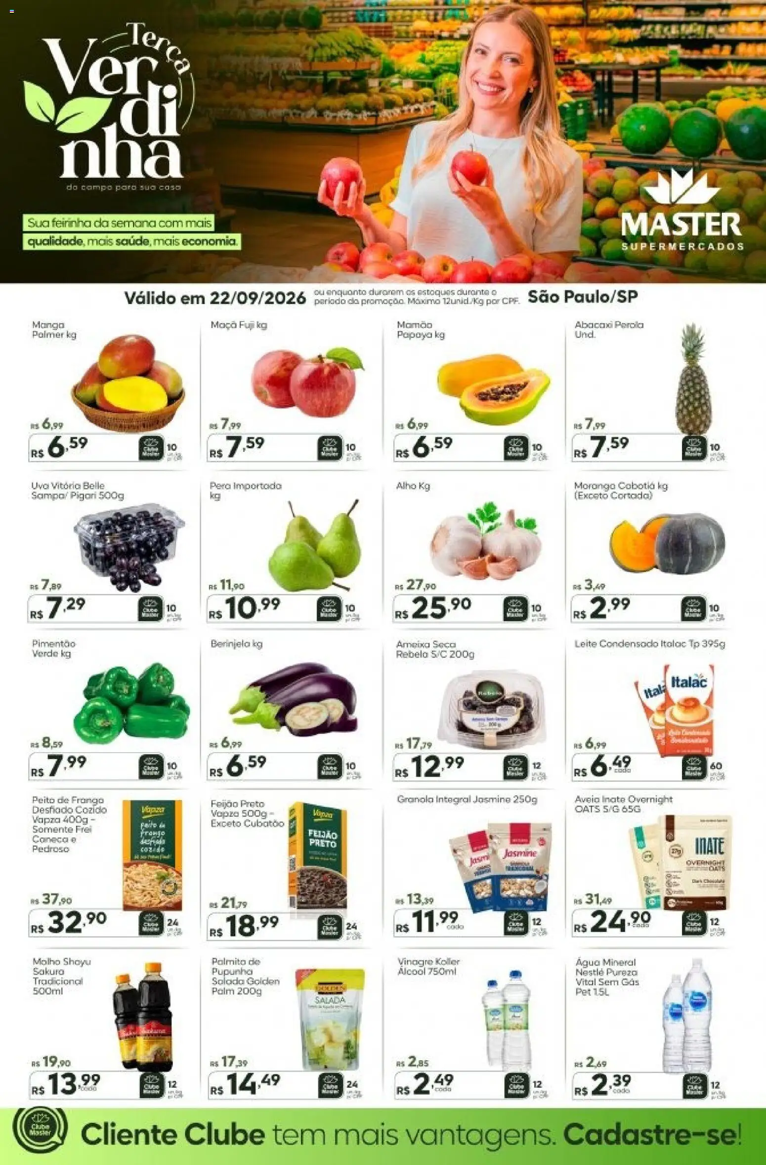 Pré-Visualização do folheto "Master ofertas do Dia" da loja Master válido a partir de 22/09/2026 - Água, Leite condensado, Feijão, Aveia, Berinjela, Caneca, Mamão, Molho shoyu