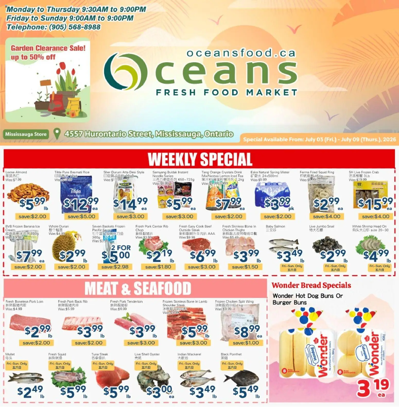 Preview of leaflet Oceans weekly flyer - Mississauga from shop Oceans is valid from Jul 03, 2026 - Chicken, Seafood, Lamb, Beef, Spring water, Mackerel, Pork loin, Frozen chicken
