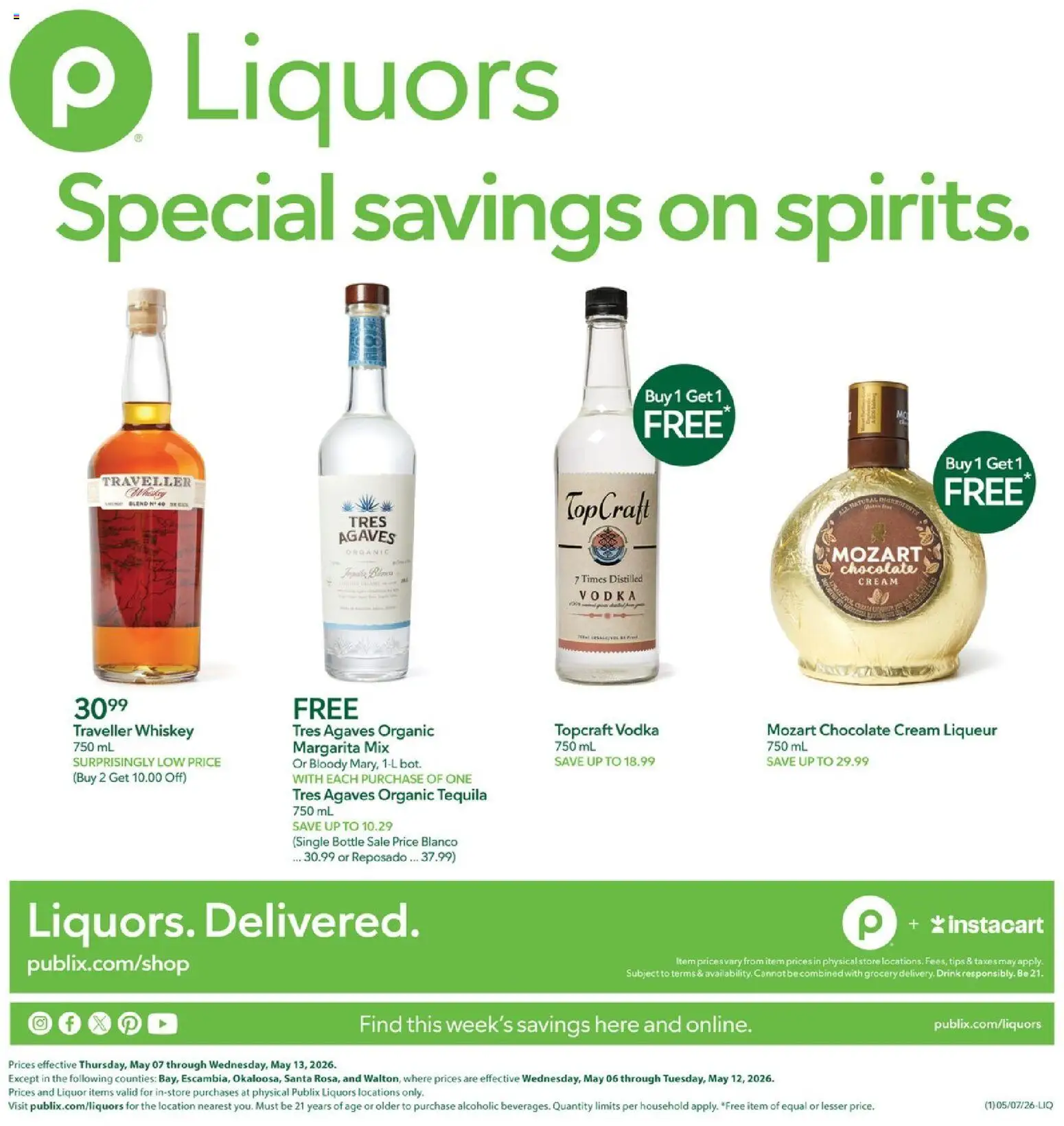 Ad Preview of Publix Publix Liquor from 05/06/2026 - Chocolate, Tequila, Vodka, Whiskey, Cream, Cream liqueur