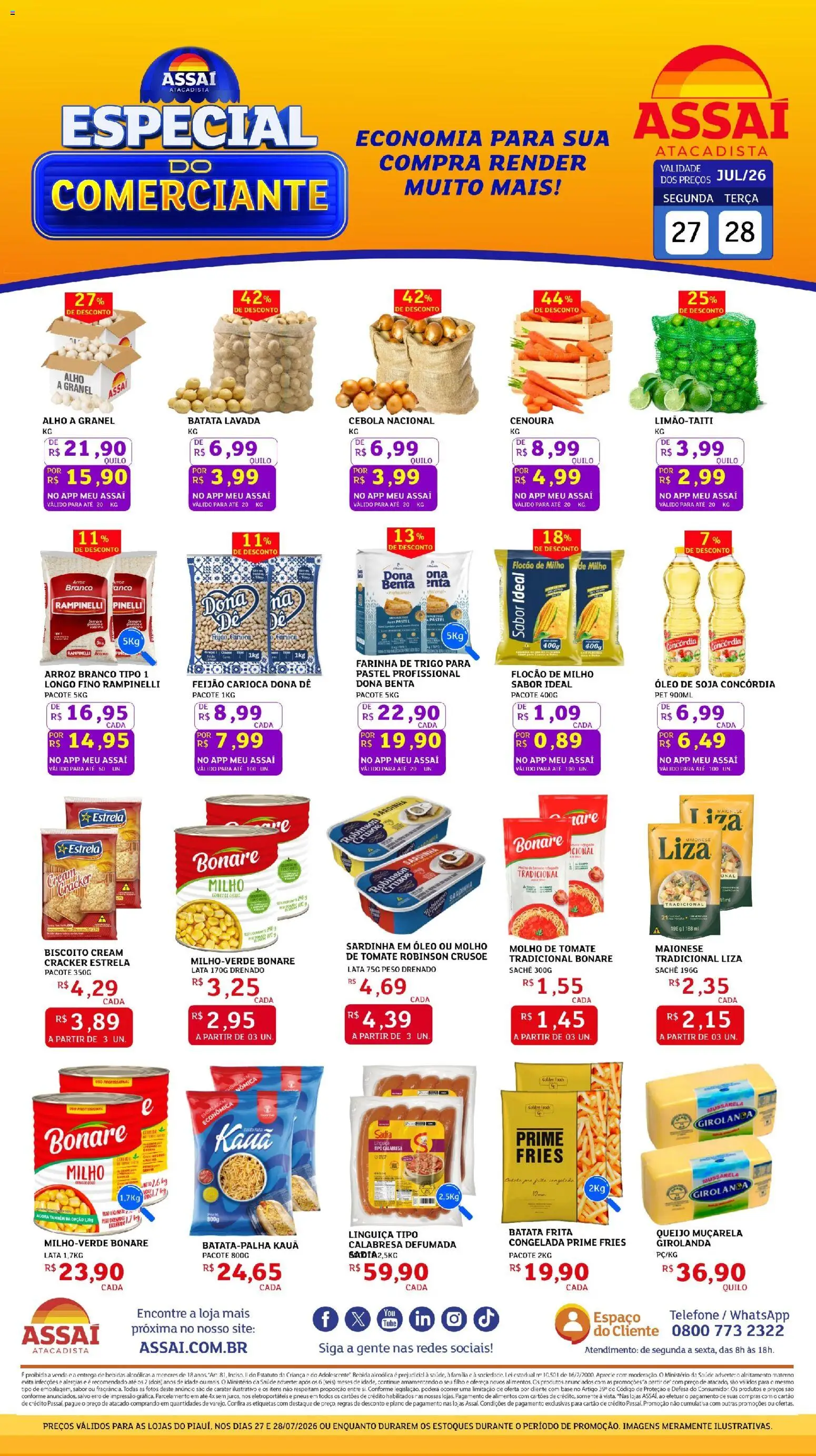 Pré-Visualização do folheto "Assaí Atacadista ofertas - PI" da loja Assaí Atacadista válido a partir de 27/07/2026 - Telefone, Pneus, Arroz, Base, Bebida, Feijão, Mussarela, Molho de tomate