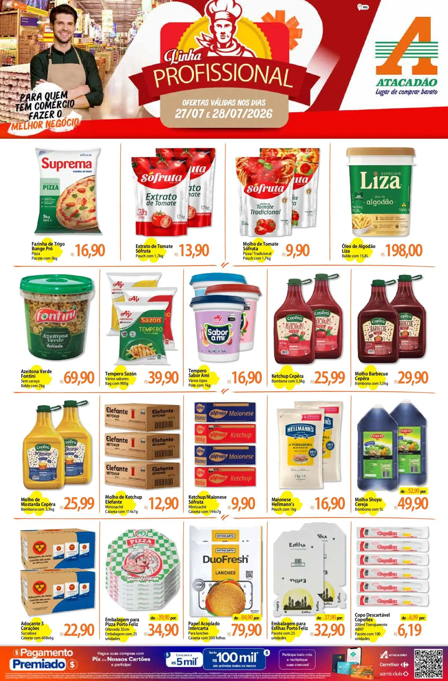 Pré-Visualização do folheto "Atacadão ofertas - MG" da loja Atacadão válido a partir de 27/07/2026 - Pizza, Mesa, Tomate, Molho de tomate, Mostarda, Adoçante, Balde, Molho shoyu