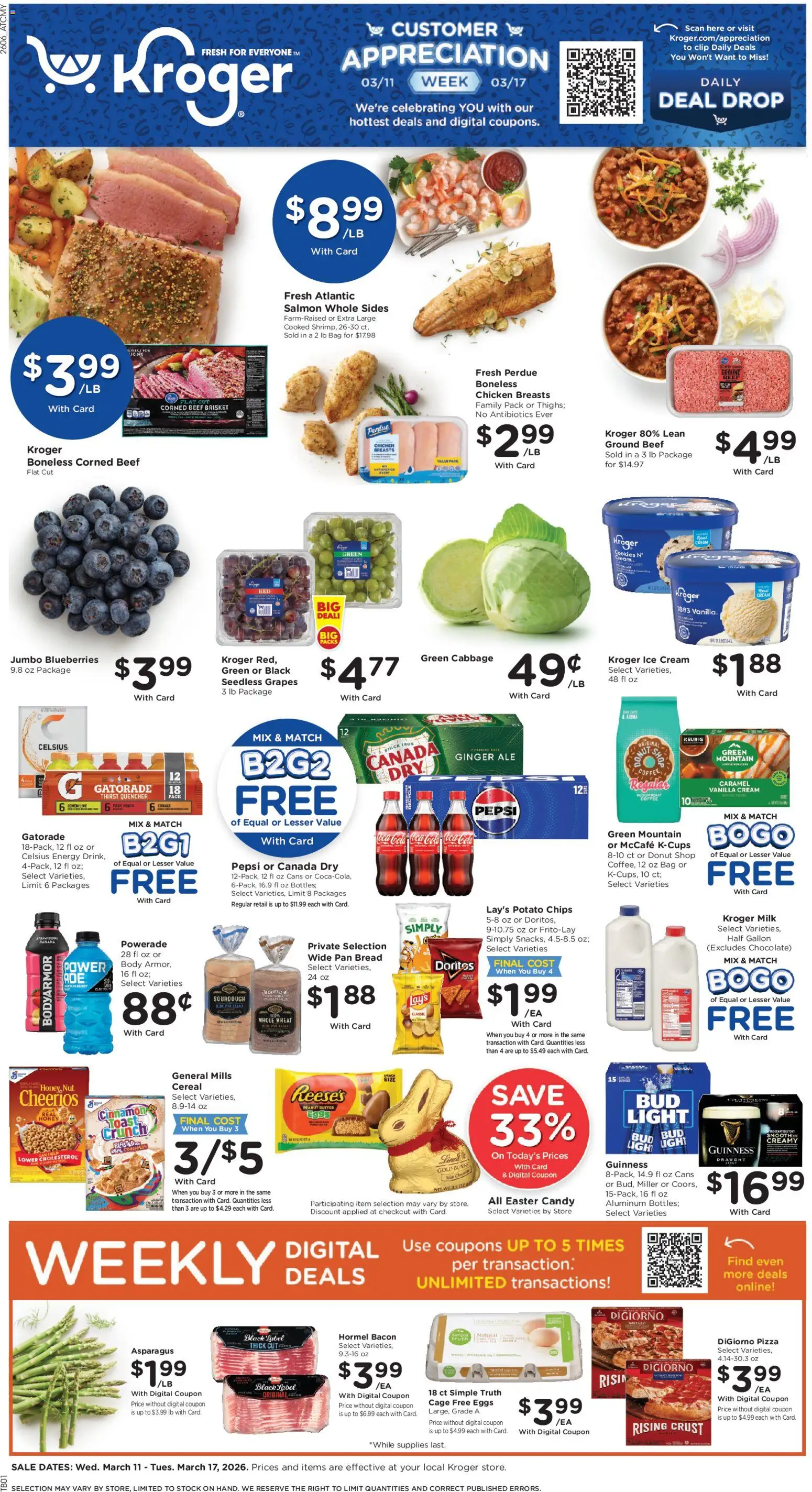 Ad Preview of Kroger Kroger Weekly Ad from 03/11/2026 - Pizza, Donut, Chips, Asparagus, Cabbage, Peanut butter, Chicken breasts, Chicken