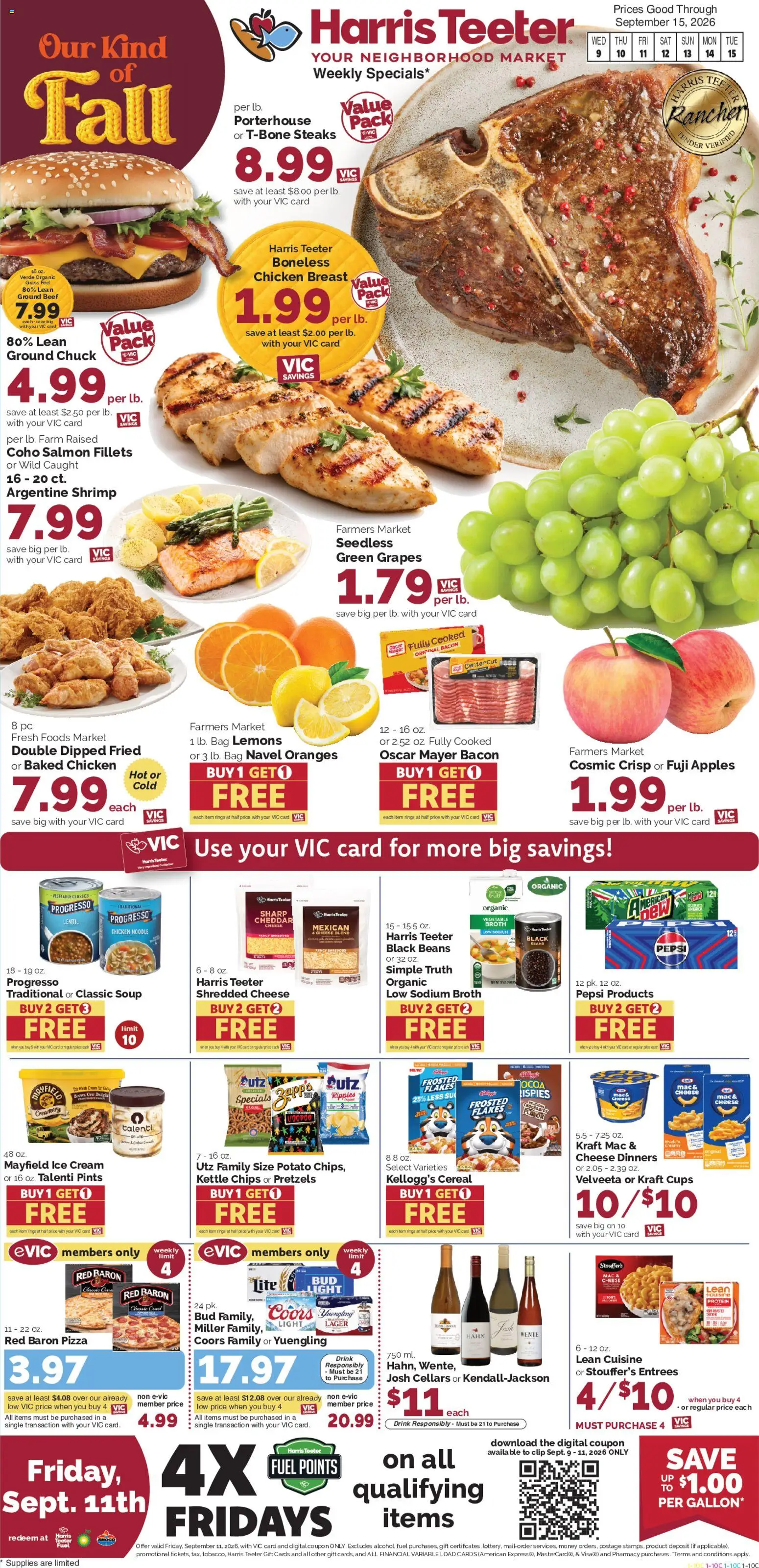 Ad Preview of Harris Teeter Harris Teeter Weekly Ad from 09/09/2026 - Salmon, Cereal, Lemons, Pepsi, Bacon, Grapes, Beans, Kettle