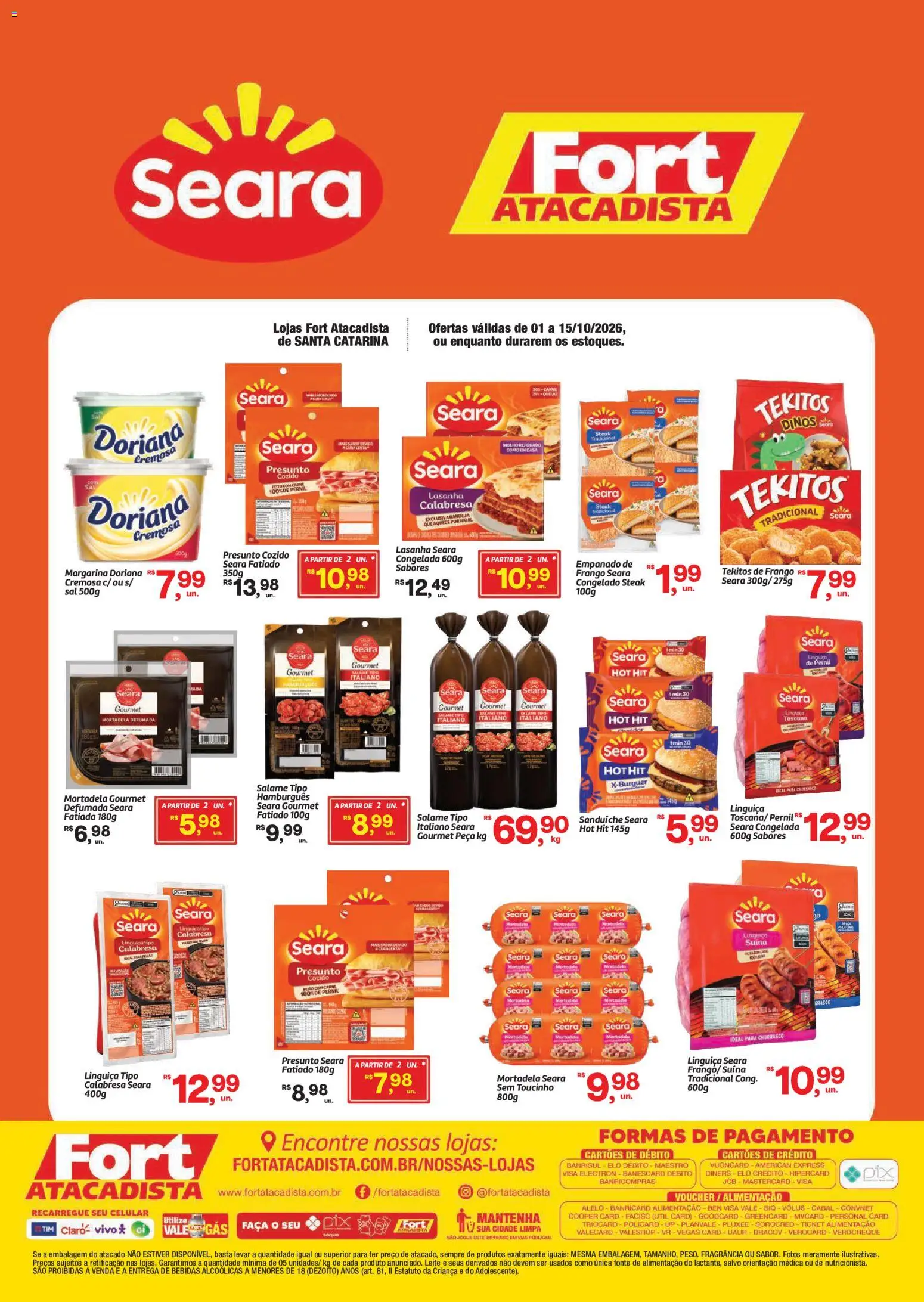 Pré-Visualização do folheto "Fort Atacadista ofertas Seara" da loja Fort Atacadista válido a partir de 01/10/2026 - Leite, Frango, Cheddar, Linguiça, Presunto, Margarina, Fragrância, Faca