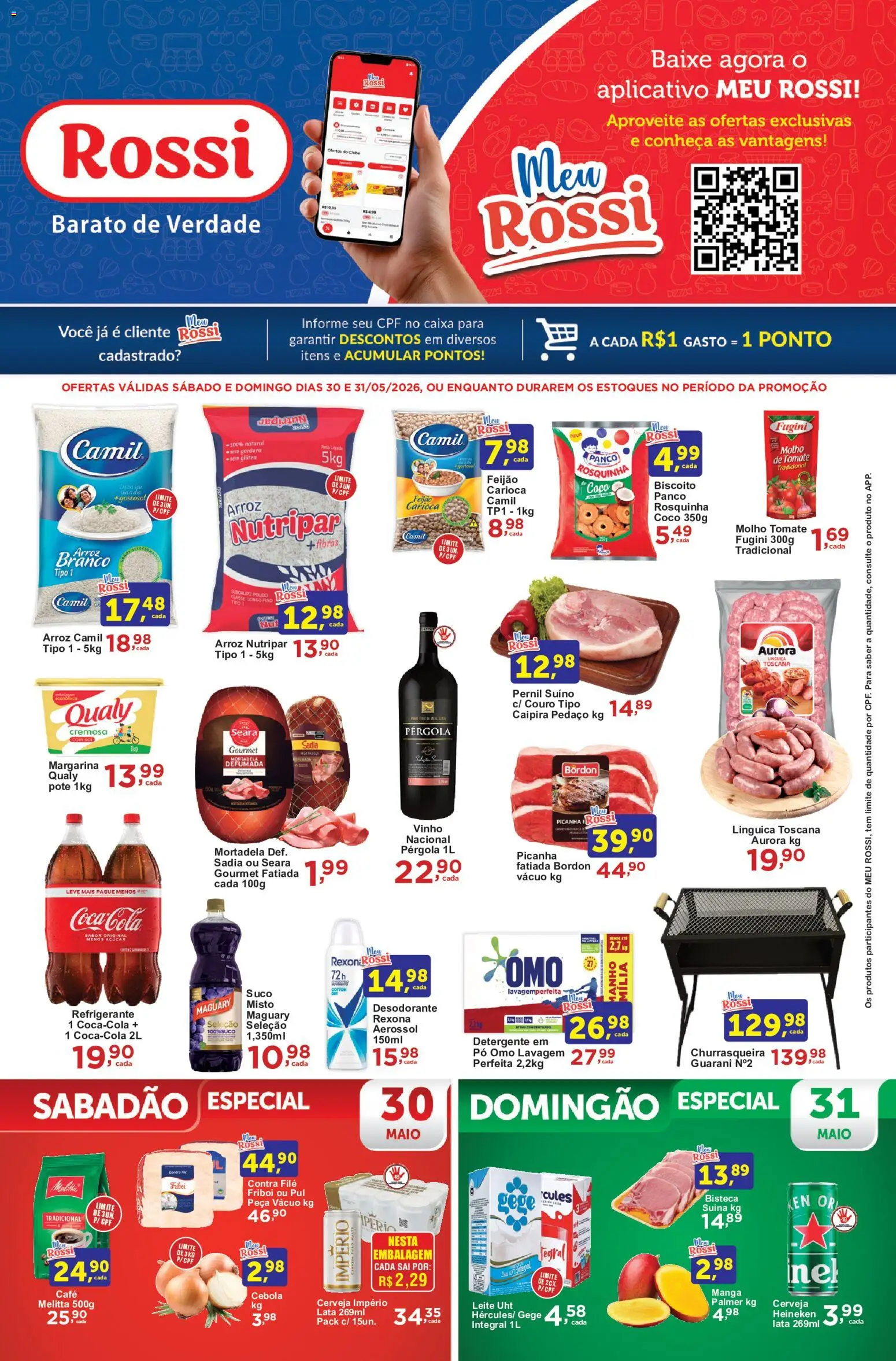 Pré-Visualização do folheto "Rossi Supermercados ofertas Fim de semana" da loja Rossi Supermercados válido a partir de 30/05/2026 - Caixa, Heineken, Churrasqueira, Manga, Tomate, Detergente, Linguiça, Margarina
