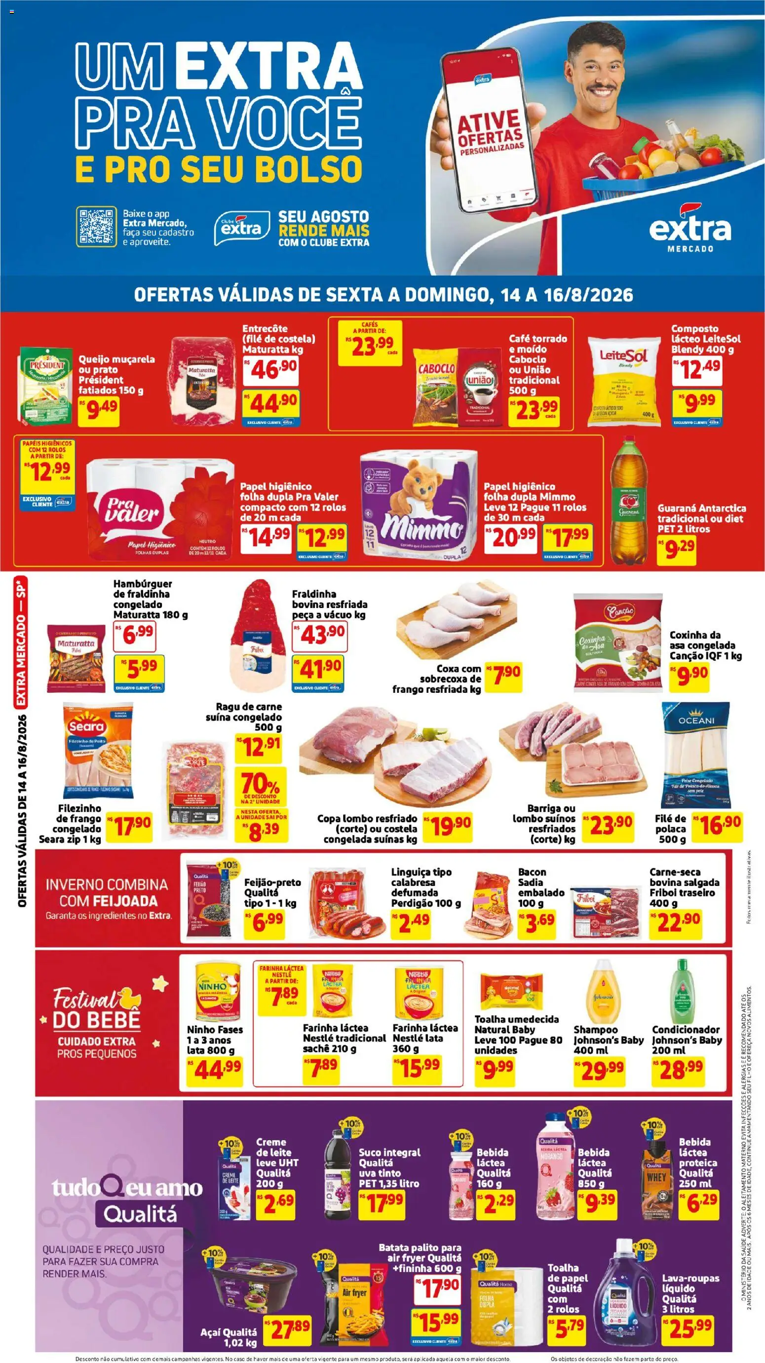 Pré-Visualização do folheto "Extra ofertas Fim de semana Mercado" da loja Extra válido a partir de 14/08/2026 - Air fryer, Hambúrguer, Queijo, Frango, Suco, Linguiça, Farinha, Toalha umedecida