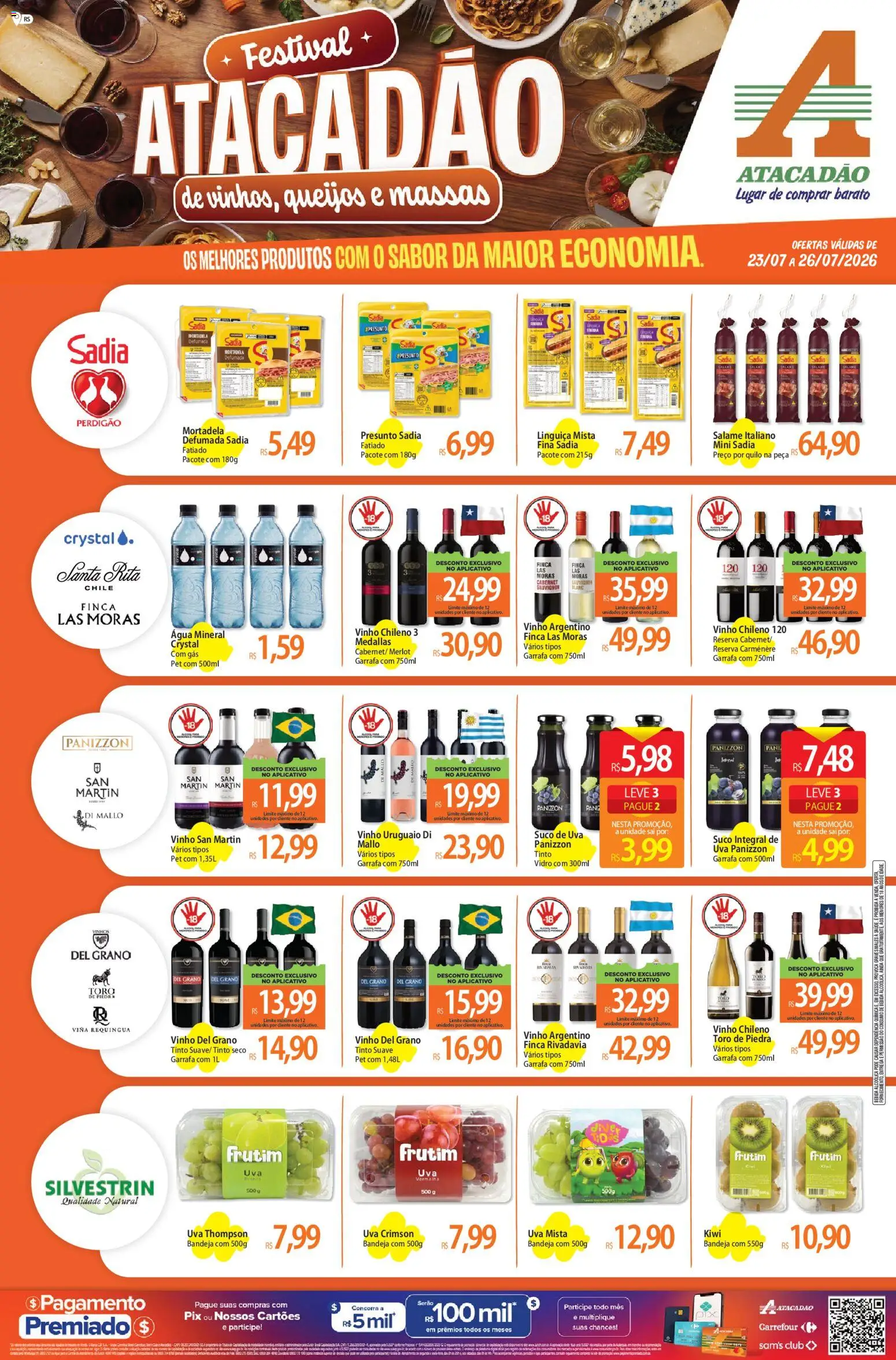Pré-Visualização do folheto "Atacadão ofertas - RS" da loja Atacadão válido a partir de 23/07/2026 - Água, Kiwi, Uva, Suco, Salame, Linguiça, Bandeja, Água mineral