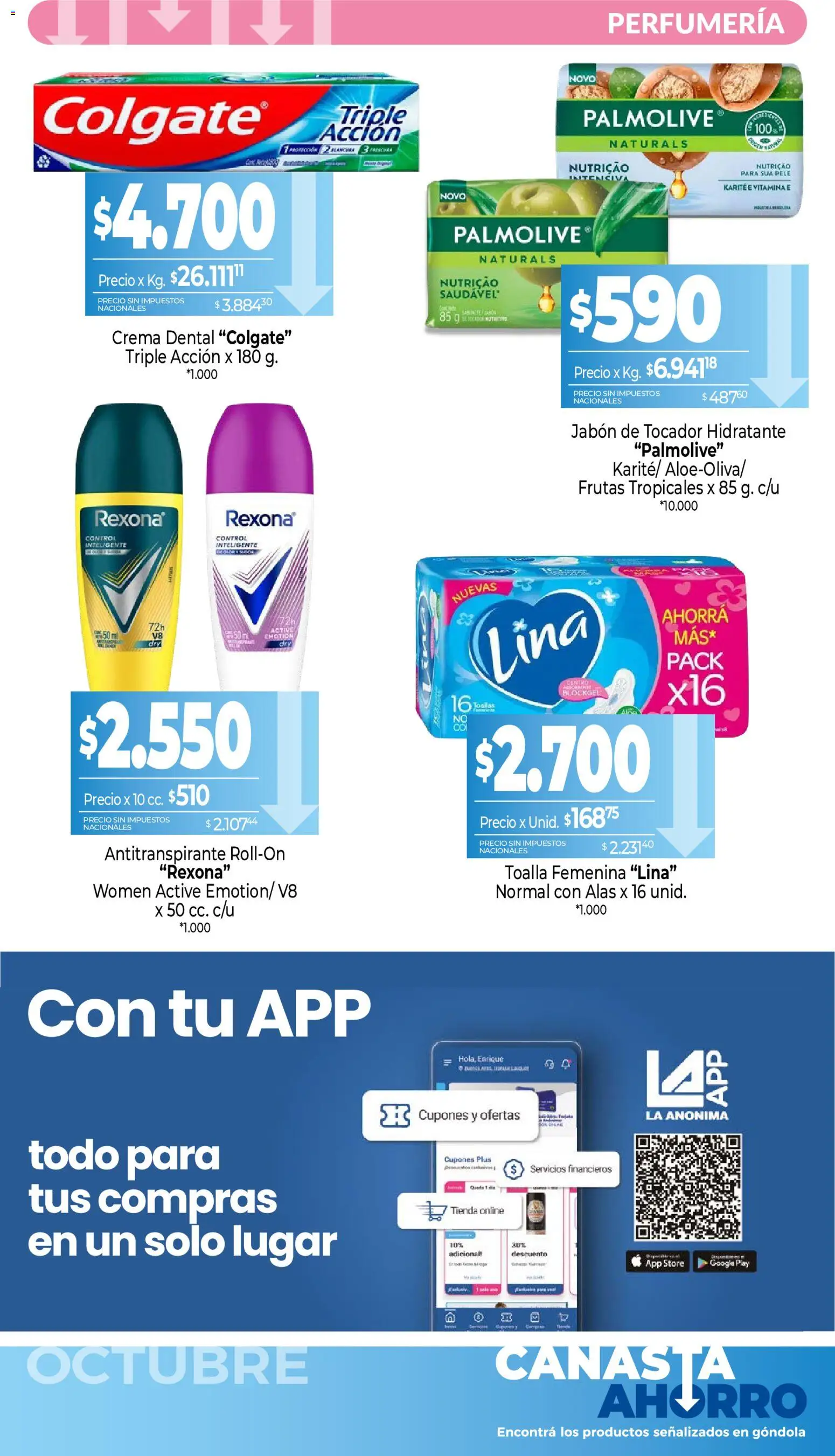 Vista previa del folleto de la tienda La Anonima válido desde el 01/10/2026 - Crema, Toalla, Toallas, Jabón, Canasta, Antitranspirante