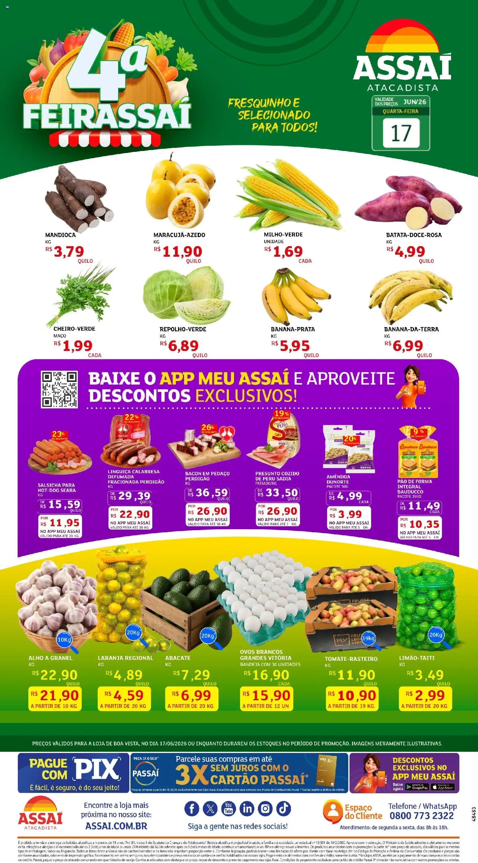 Pré-Visualização do folheto "Assaí Atacadista ofertas - RR" da loja Assaí Atacadista válido a partir de 17/06/2026 - Peru, Pneus, Base, Mandioca, Alimentos, Presunto, Bandeja, Alho