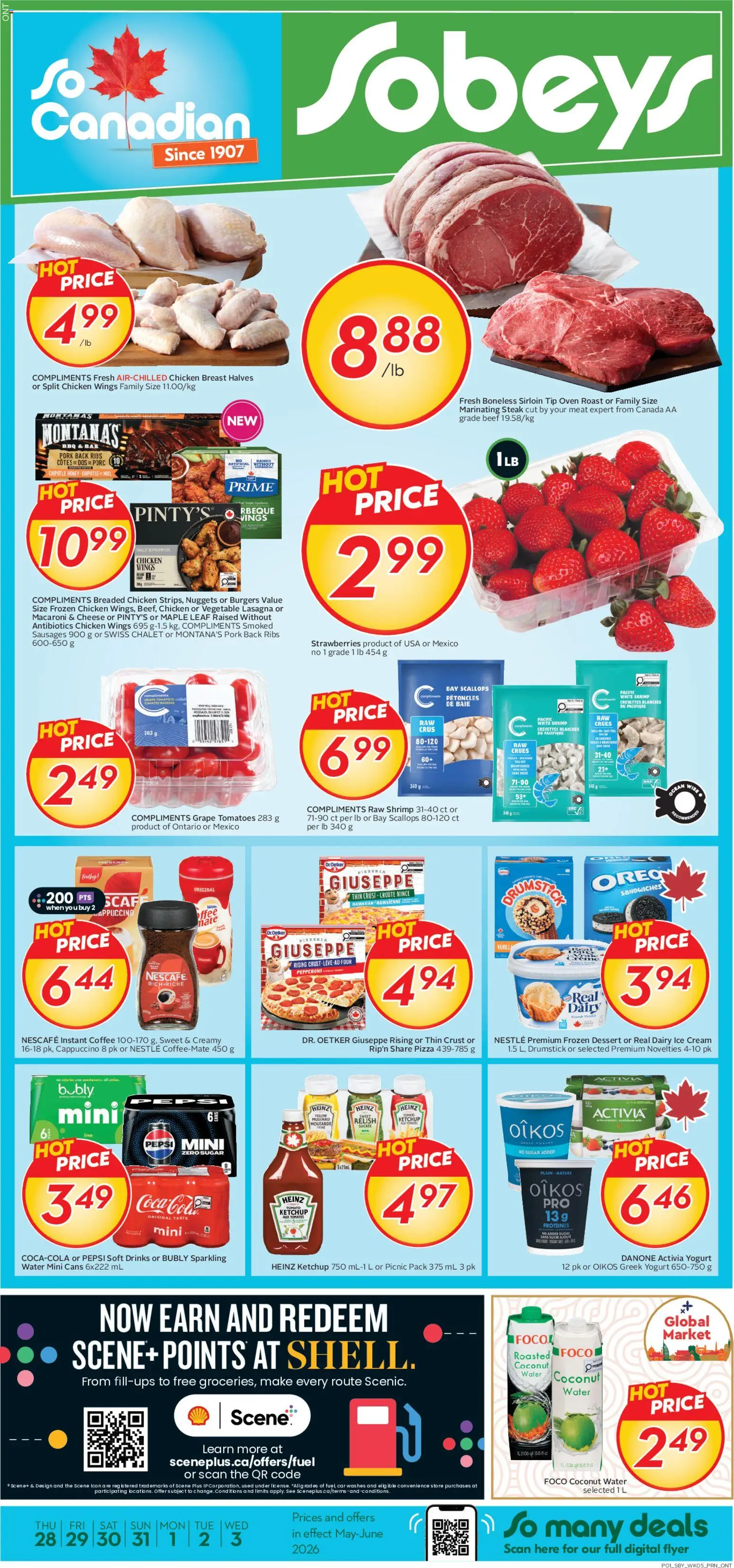 Preview of leaflet Sobeys weekly flyer / circulaire from shop Sobeys is valid from May 28, 2026 - Steak, Cheese, Ice, Chicken wings, Shrimp, Oven, Ketchup, Frozen chicken