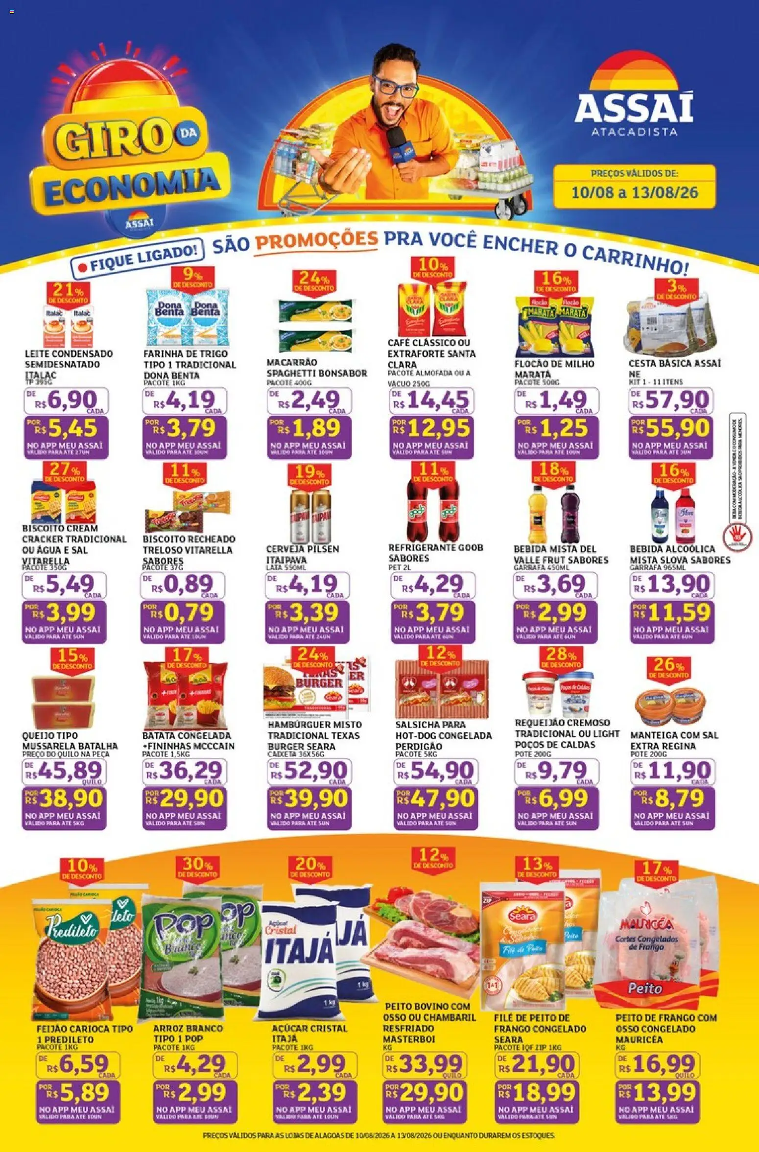 Pré-Visualização do folheto "Assaí Atacadista ofertas - AL" da loja Assaí Atacadista válido a partir de 10/08/2026 - Hambúrguer, Sal, Salsicha, Carrinho, Frango, Mussarela, Almofada, Açúcar cristal