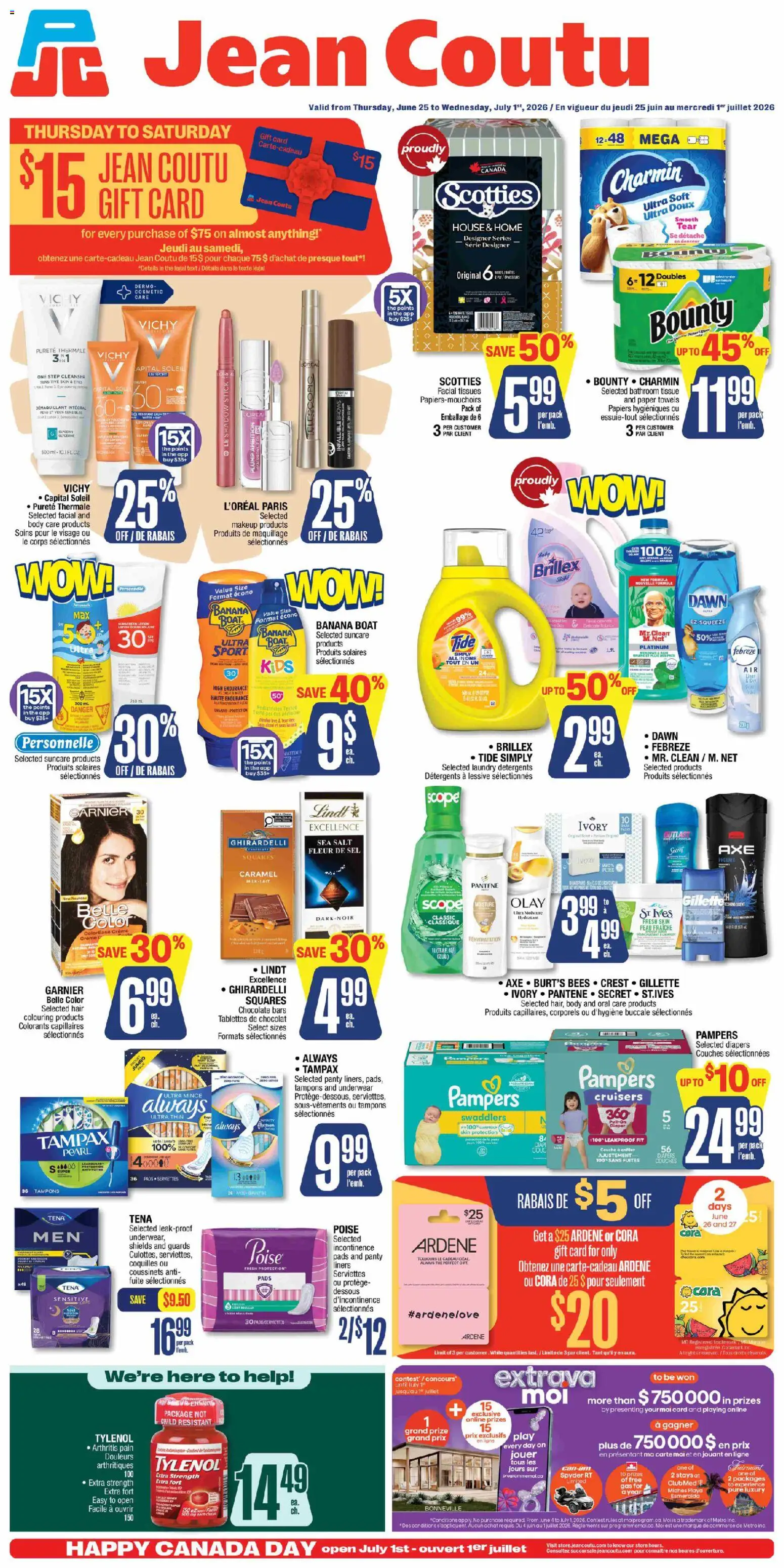 Preview of leaflet Jean Coutu weekly flyer from shop Jean Coutu is valid from Jun 25, 2026 - Chocolate, Oil, Tampons, Sunscreen, Diapers, Salt, Towels, Tissues