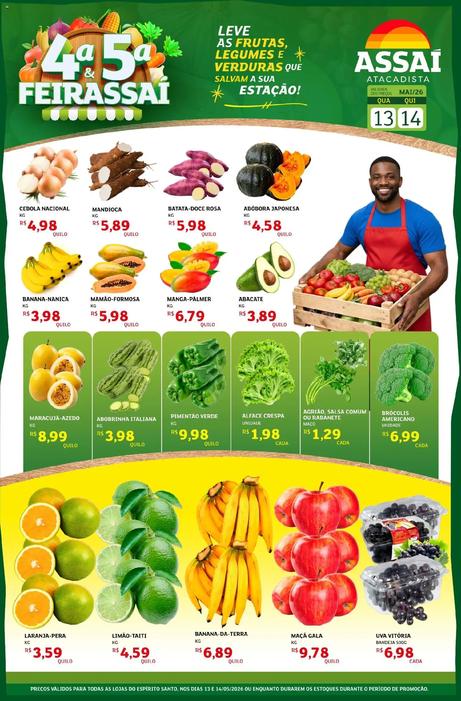 Pré-Visualização do folheto "Assaí Atacadista ofertas - ES" da loja Assaí Atacadista válido a partir de 13/05/2026 - Brócolis, Abobrinha, Abacate, Mandioca, Alface, Cebola, Salsa, Bandeja