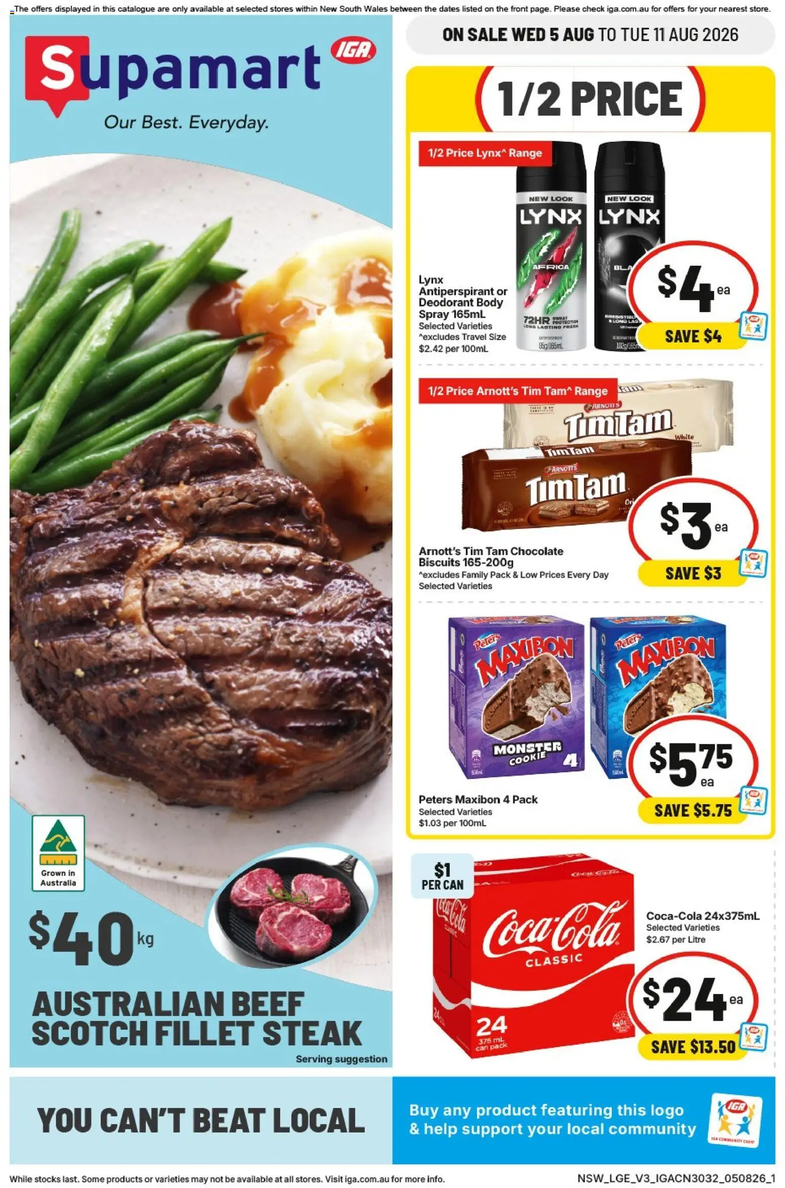Preview of catalogue IGA catalogue Supamart from shop IGA valid 05/08/2026 - Chocolate, Beef, Deodorant, Antiperspirant, Biscuits, Steak, Scotch, Fillet