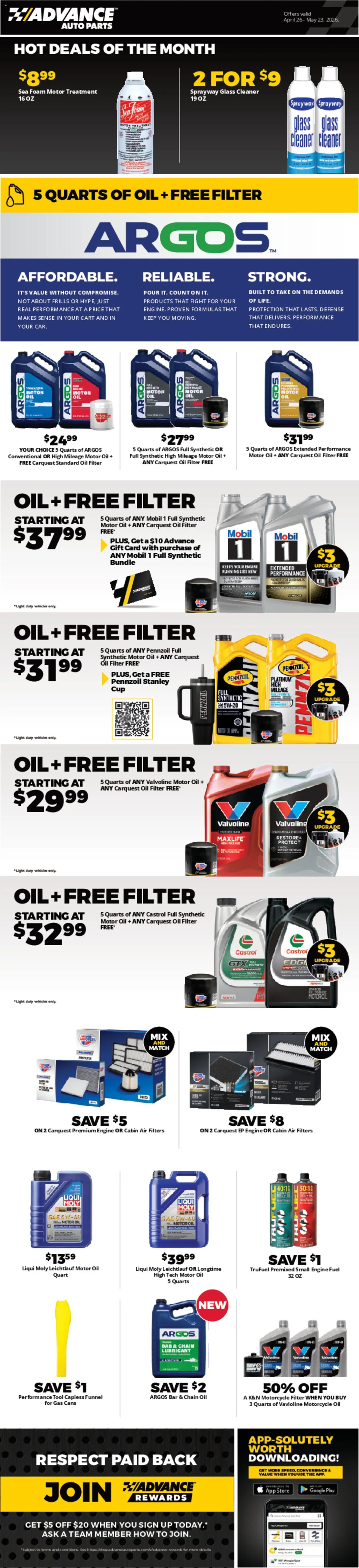 Ad Preview of Advance Auto Parts Advance Auto Parts Weekly Ad from 04/26/2026 - Oil, Oil filter, Foam, Motor Oil