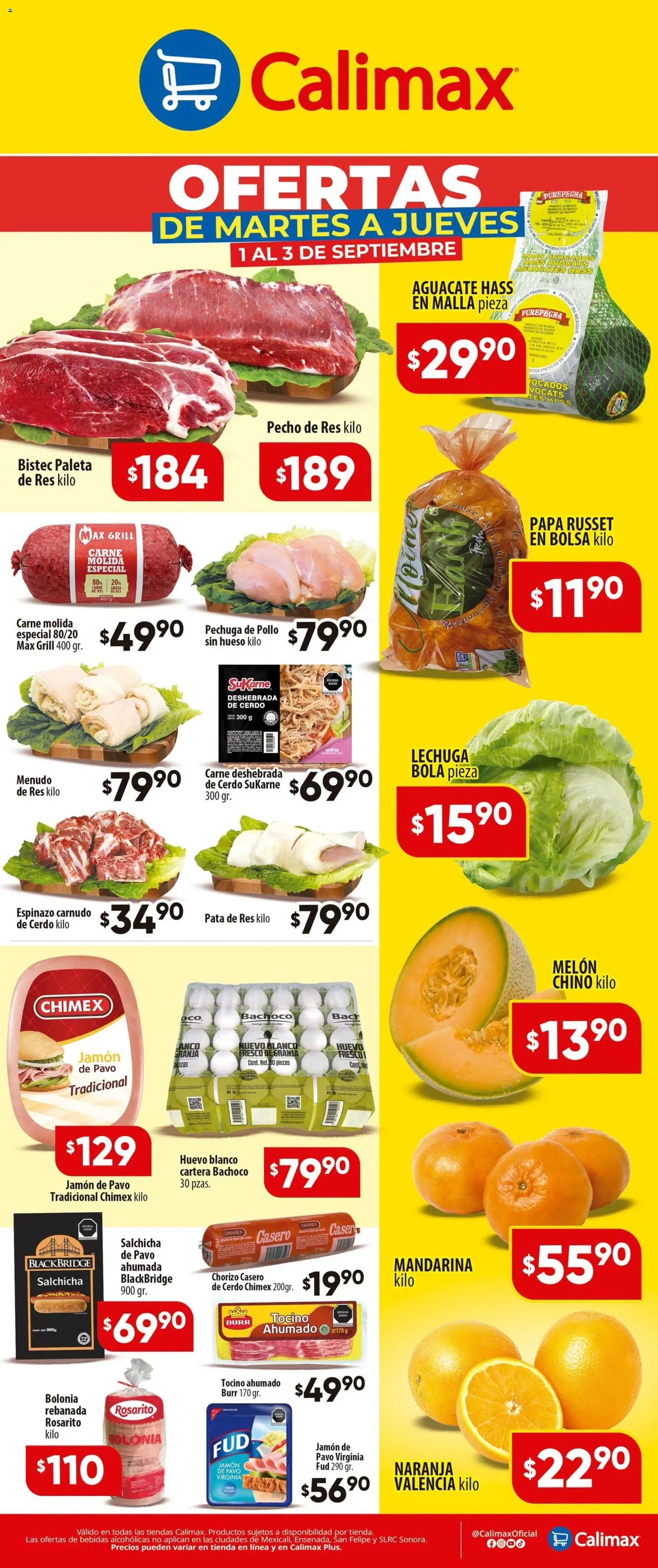 Vista previa las ofertas de la tienda Calimax - Calimax folleto desde el 01/09/2026 - Pollo, Aguacate, Lechuga, Bistec, Paleta, Salchicha, Carne molida, Melón