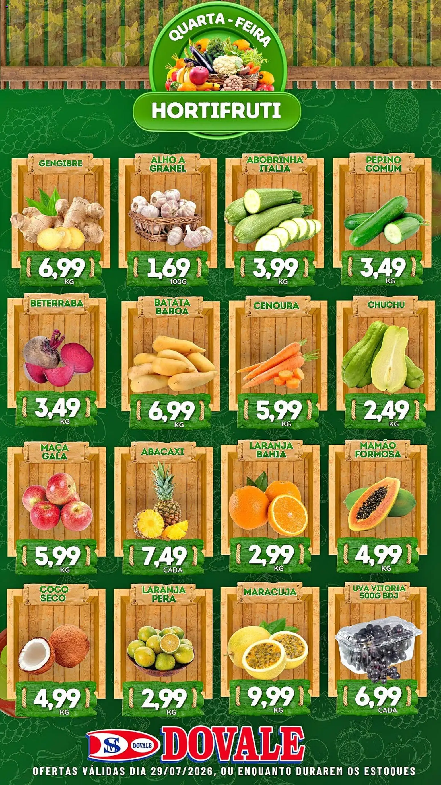 Pré-Visualização do folheto "Dovale ofertas Hortifruti" da loja Dovale válido a partir de 29/07/2026 - Coco, Chuchu, Maracujá, Abobrinha, Beterraba, Cenoura, Alho, Mamão